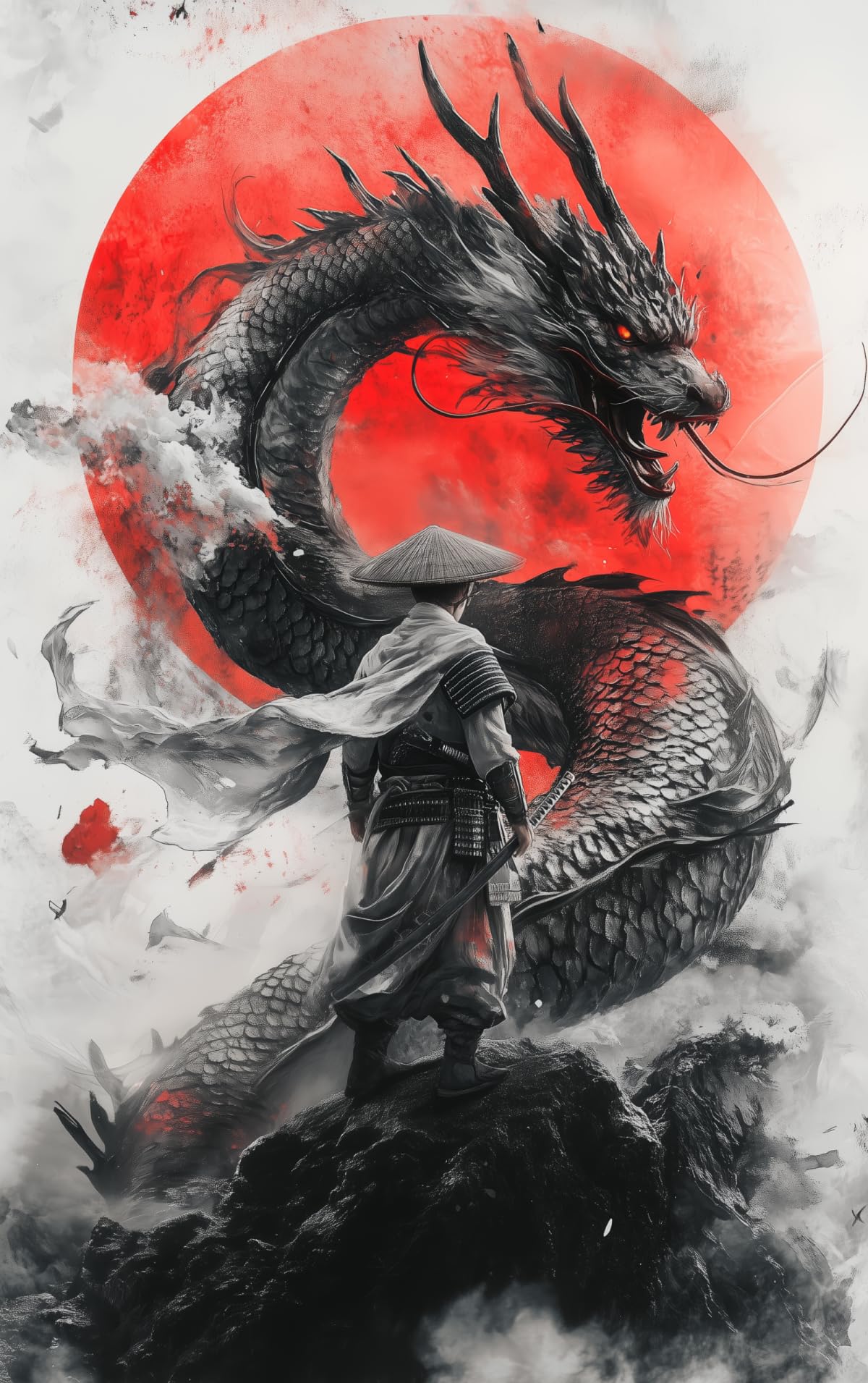 Samurai Black Dragon Canvas Wall Decor Red Sun Japanese Warrior Art Print Asian Dragon Poster for Living Room Bedroom Ready To Hang-18x24 inch