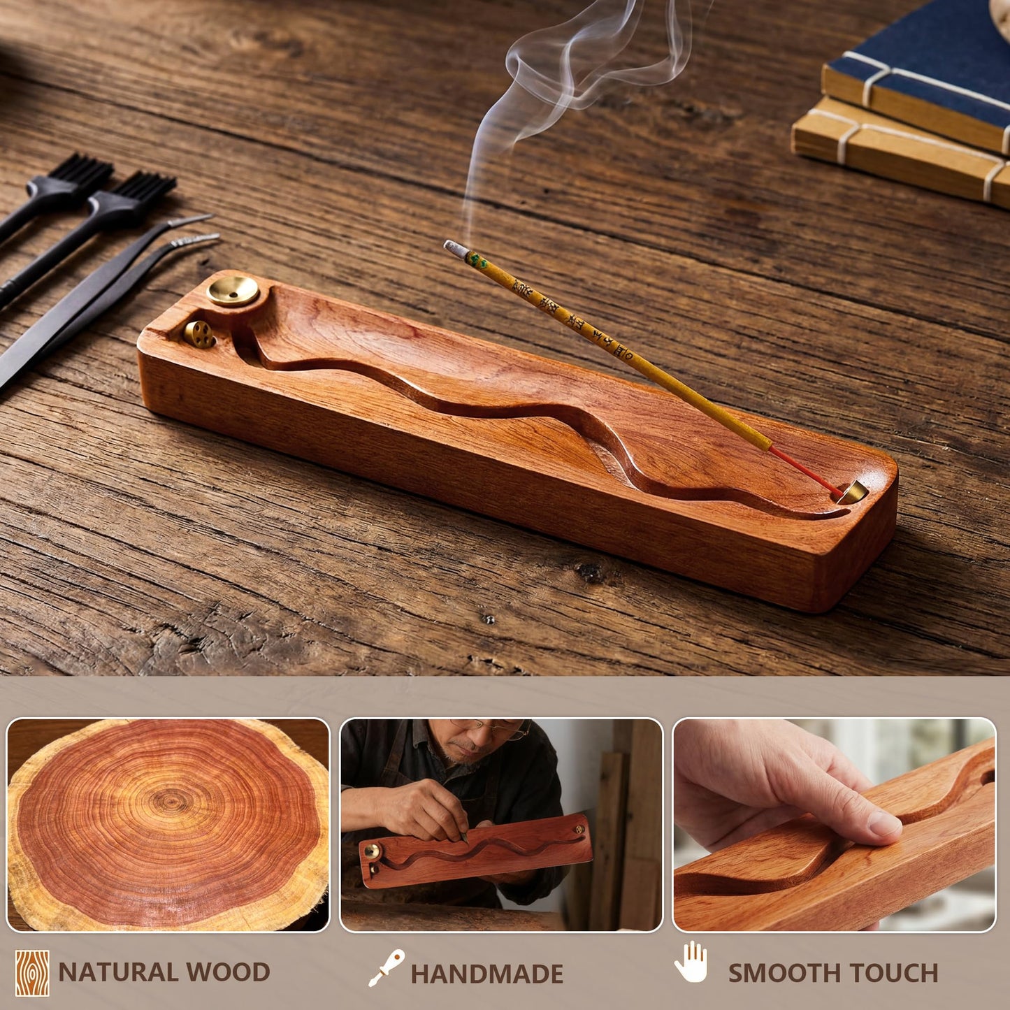 Zeckzoin 2 in 1 Wooden Incense Holder Sticks with Backflow Incense Cone Burner,Multi-Hole Fits All Thicknesses Sticks,for Meditation Yoga Home Gift