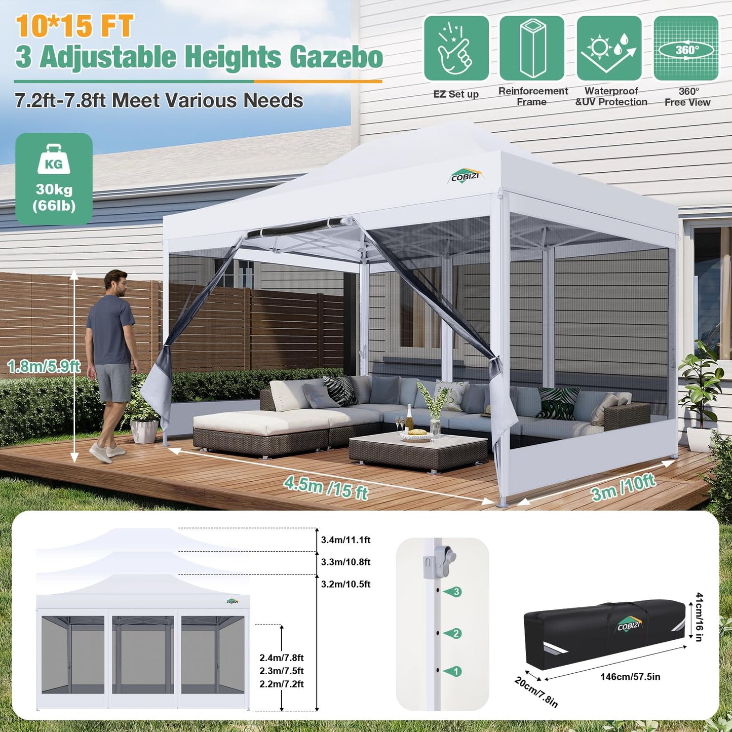 COBIZI 10x15 Canopy Tent, Heavy Duty Pop up Canopy with Sidewalls, Waterproof Easy Setup Tent with Mosquito Netting, Outdoor Instant Screen Tents for Parties, Wedding, Backyard with Carry Bag, White