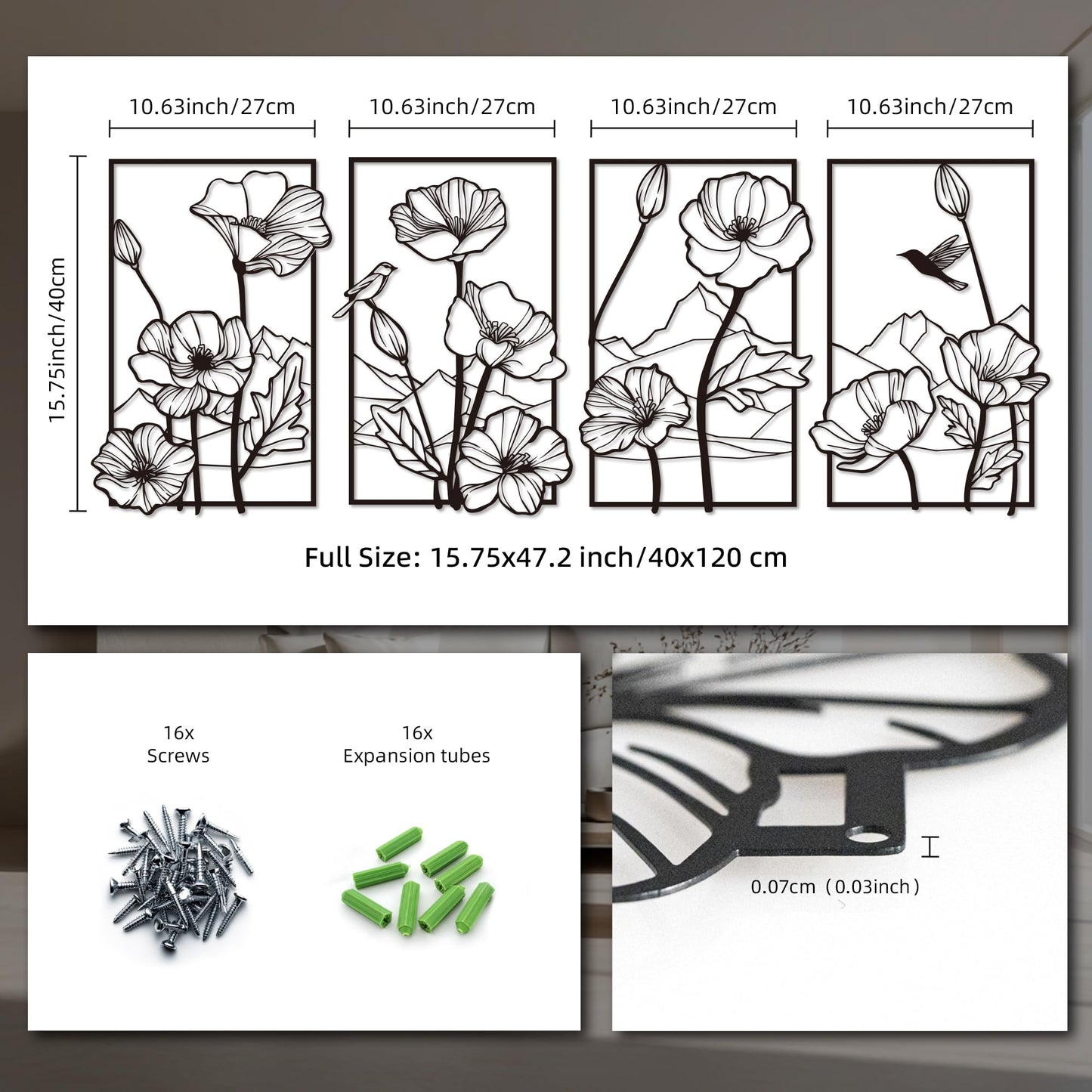 deeinglif Black Metal Wall Art Set of 4, 3D Metal Wall Decor for Living Room Bedroom Bathroom, Abstract Floral Mountain Nature Wall Sculptures, Modern Minimalist Iron Wall Art, 12 x 17 Inch