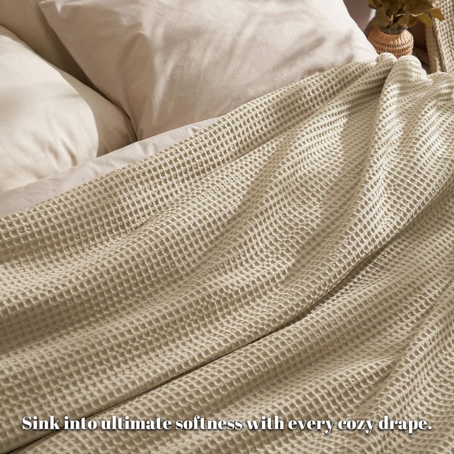 PHF Ultra Soft Waffle Weave Throw Blanket 50"x 60"- Washed Lightweight Breathable Cozy Woven Blanket for Bed - Aesthetic Decor for Couch Bedding Sofa Home Car - Khaki