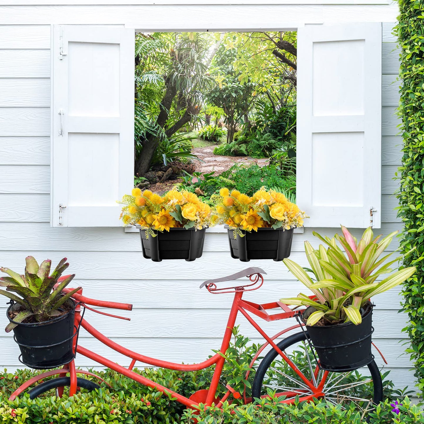 EBOOT 6 Pcs 9.8 Inch Wall Hanging Planters Pots for Indoor Plants Fence Plastic Flower Planters Outdoor with S Hooks for Balcony Rails (Dark Coffee)