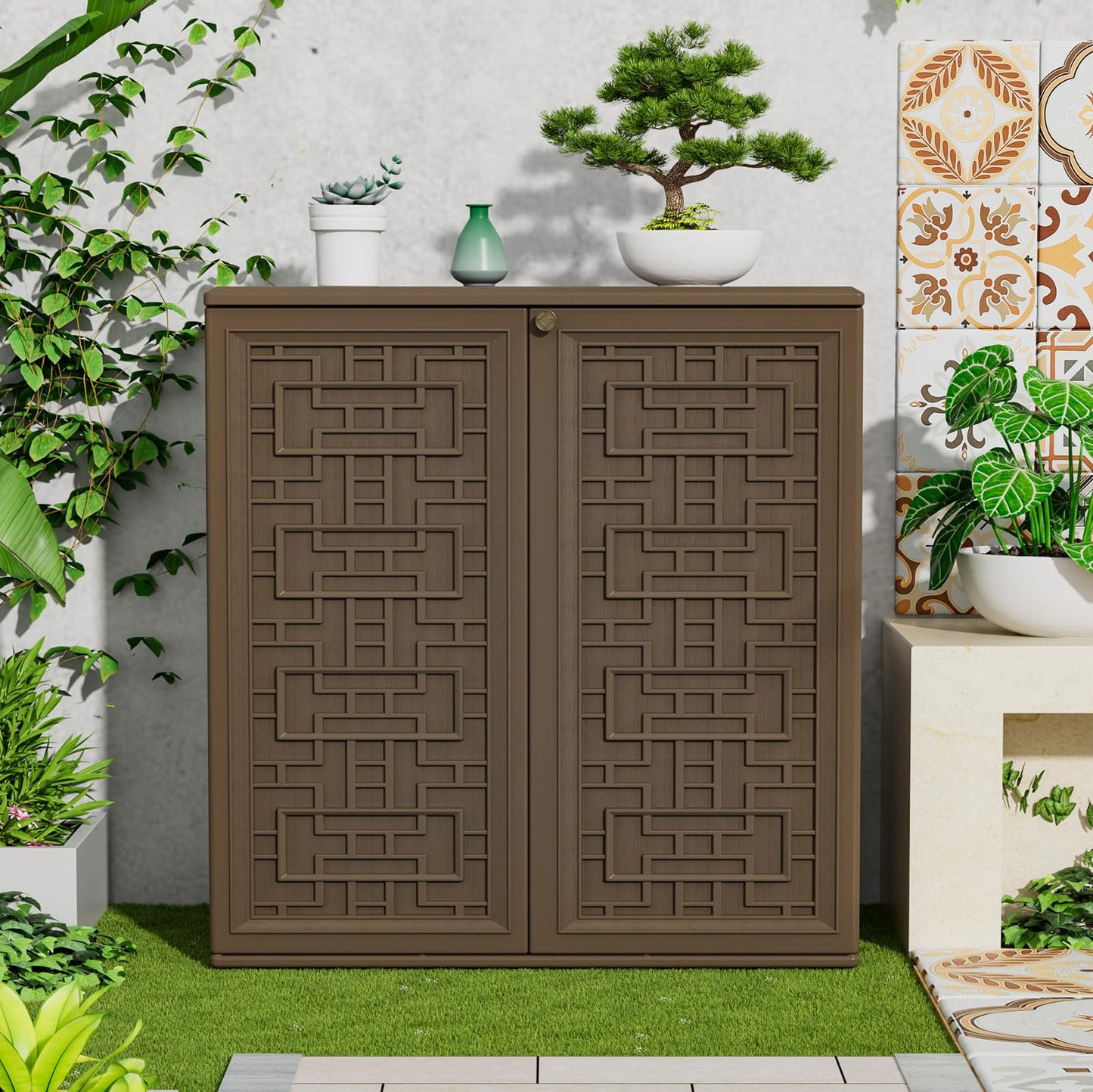 HOMSPARK Indoor/Outdoor Storage Cabinet with Doors and Shelf, 34”x16”x36” HDPE Plastic Storage Box for Patio, Balcony, Multi-Purpose for Tools, Brown