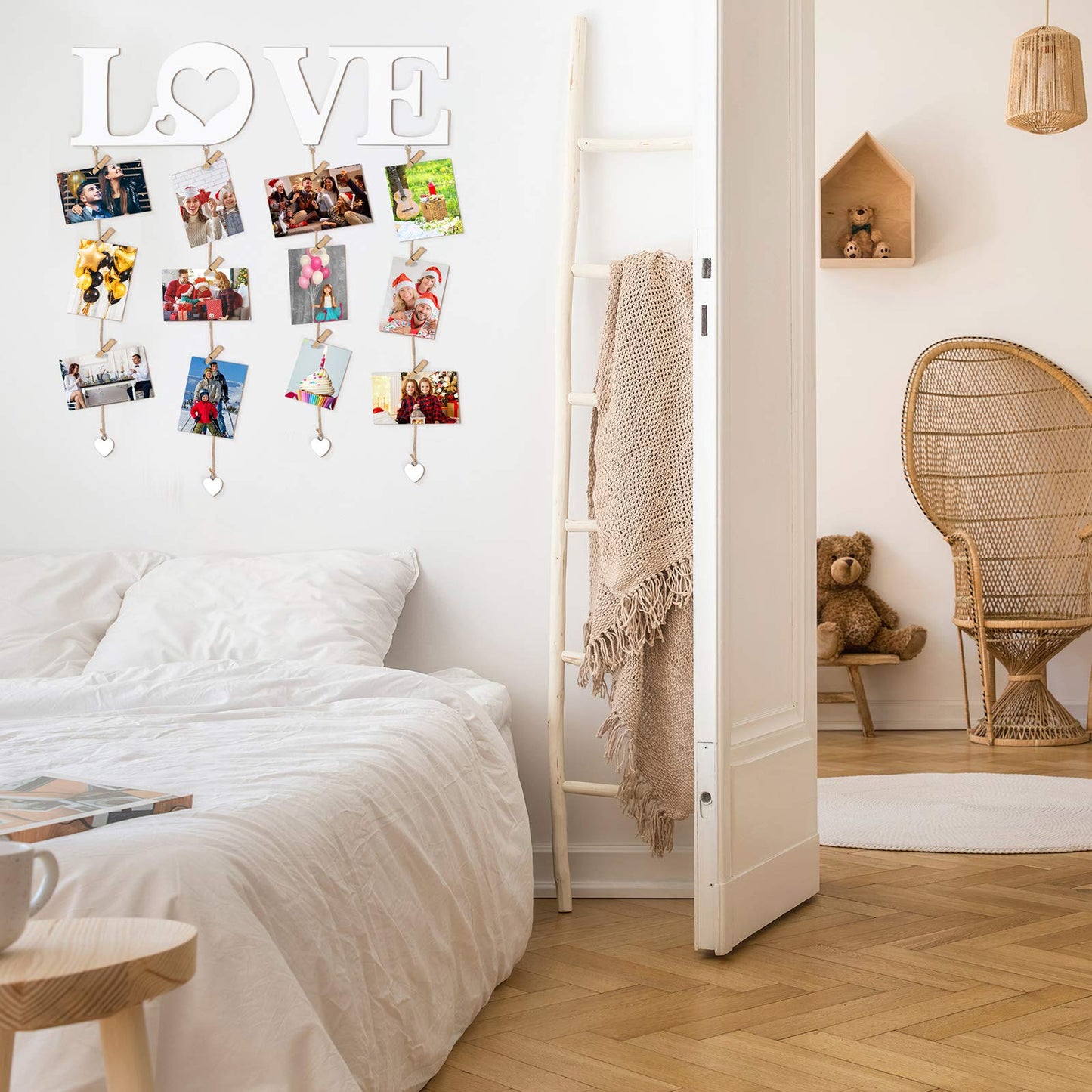 Chuangdi Valentine Picture Frames Love Hanging Photo Display Wall Decor with Clips String Picture Hanger Heart Design Decorative Organizer Display for Home Bedroom Living Room Decoration (White)