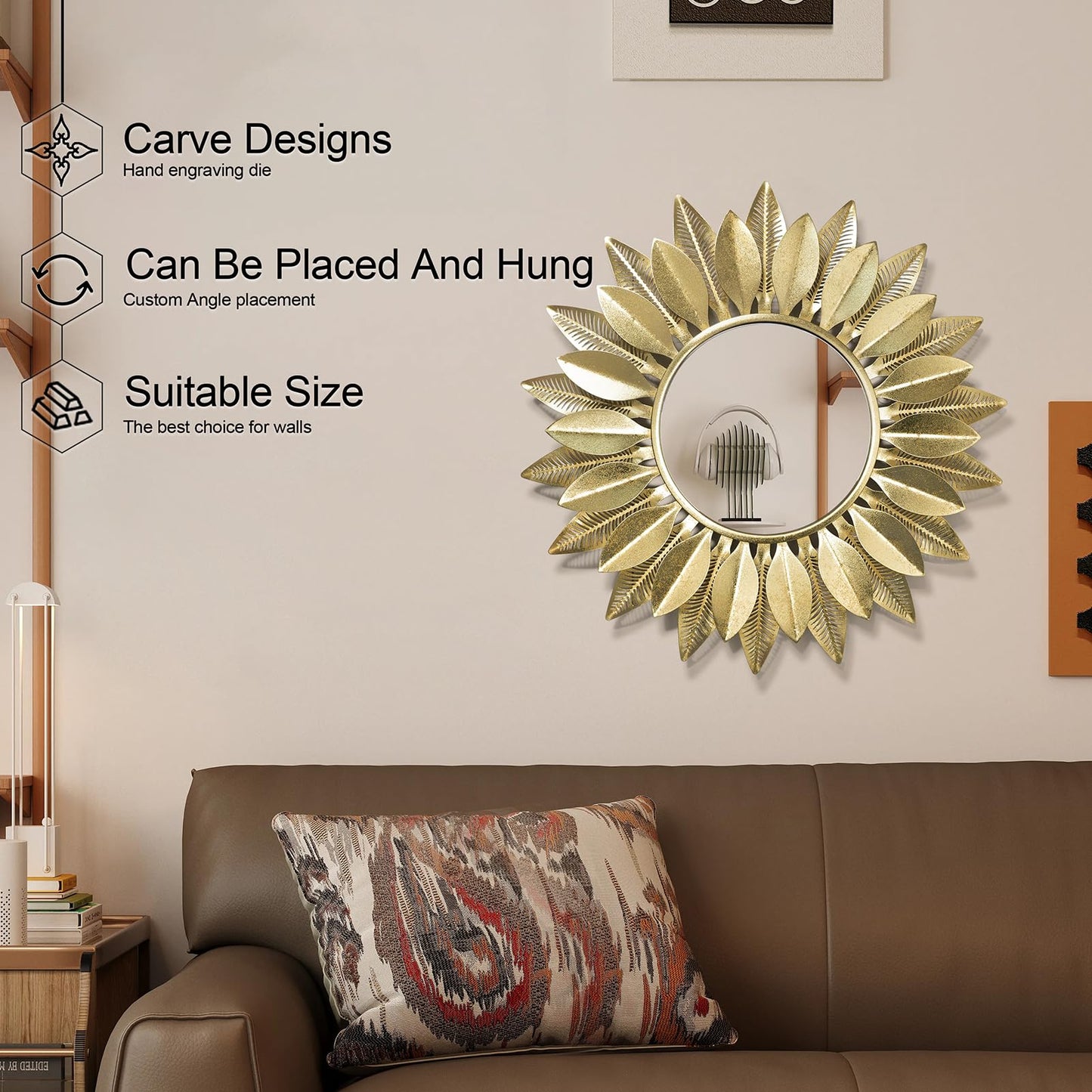 HEBOIX 24" Gold Sunburst Decorative Wall Mirror – Handmade Flower Design, Luxury Round Accent Mirror Boho Wall Decor for Bedroom,Entryway, Dining Room & Kitchen