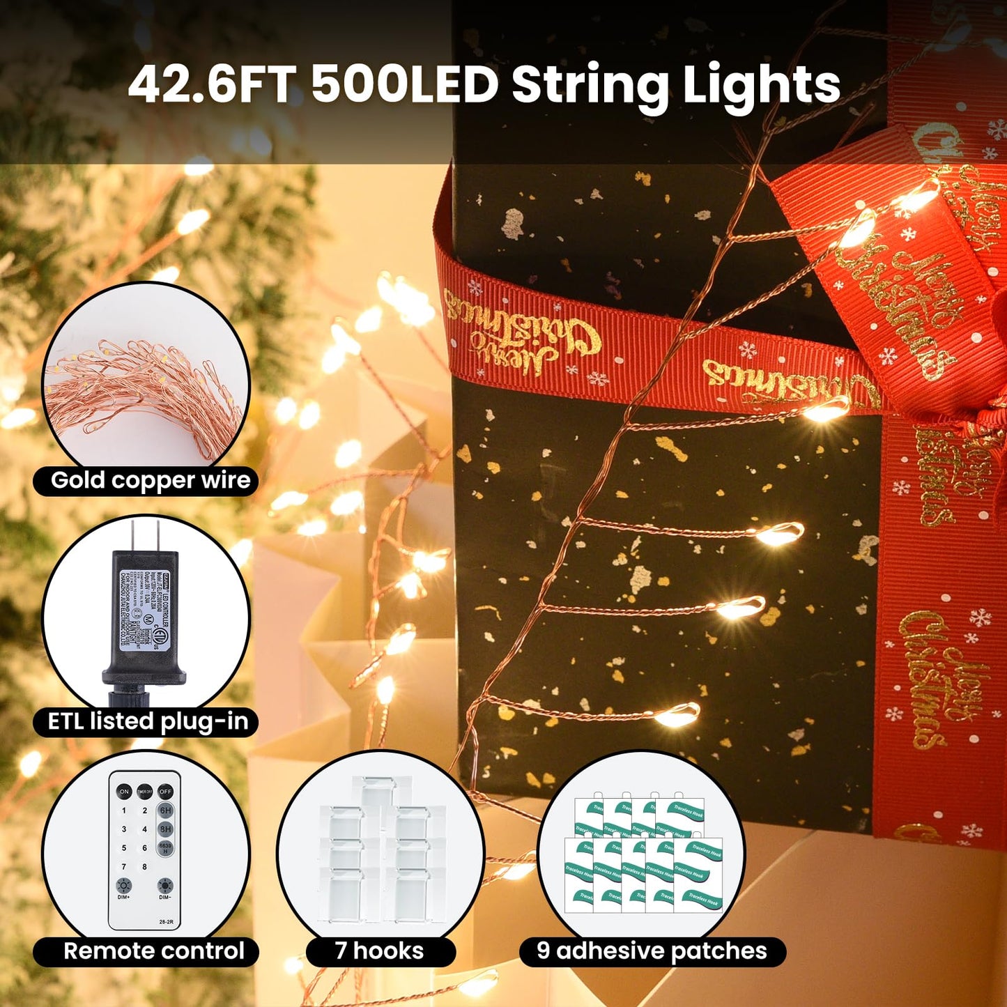 Dailyart Fairy Lights Plug in, 500 Led with Remote 42Ft Small Warm String Lights with Timer Long Twinkle Waterproof String Fairy Lights for Bedroom Outdoor Indoor Decor,Gold Wire
