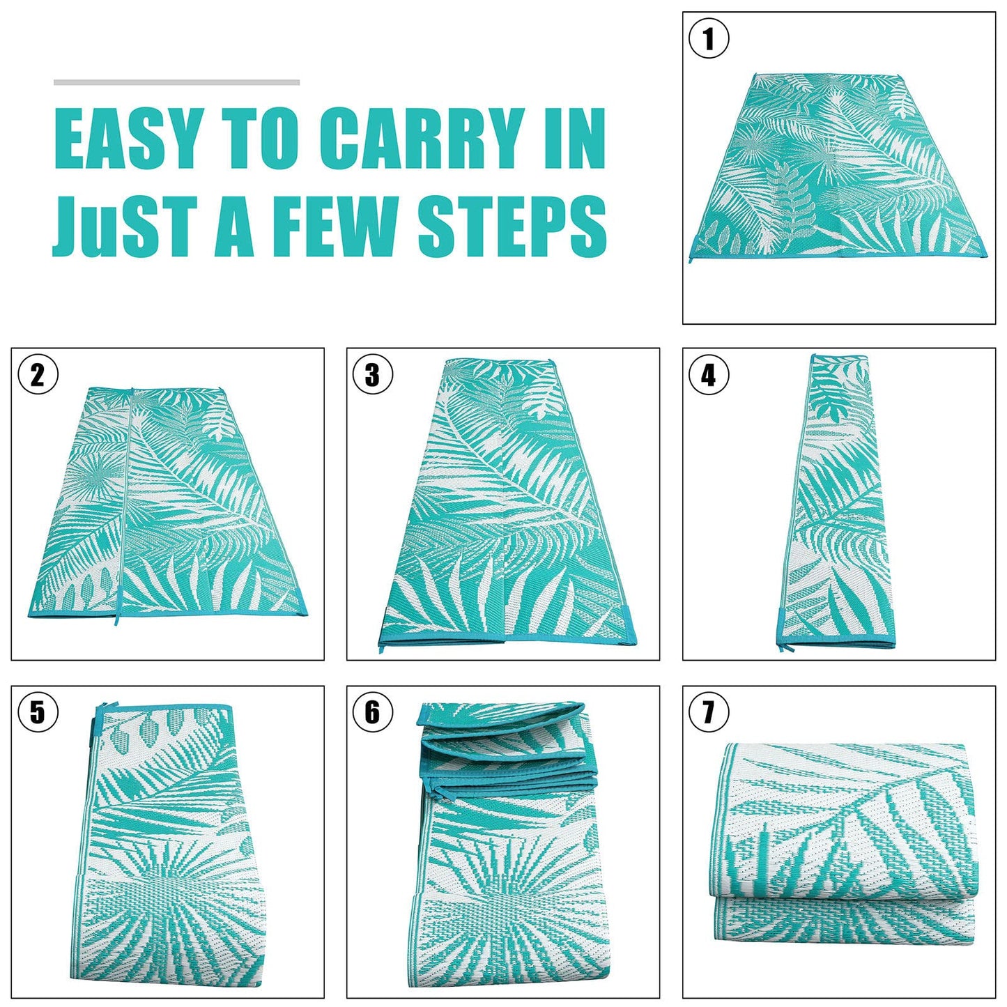 HiiARug Outdoor Rug for Patios Clearance, 6x9 Waterproof RV Rugs for Outside, Reversible Plastic Straw Mat Large Quick Drying Outdoor Rugs for Deck Trailers Campers Porch Beach Backyard,Teal & White