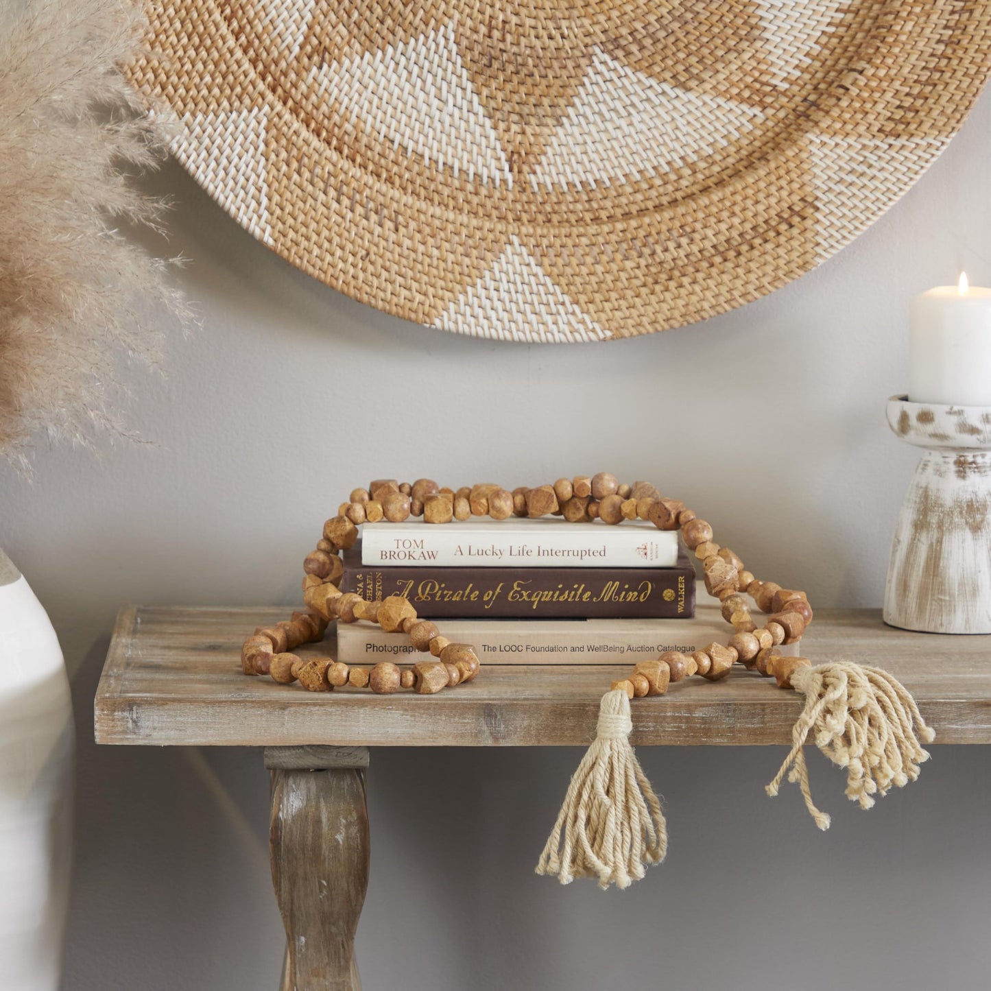 Deco 79 Mango Wood Handmade Hexagon Carved Geometric Long Garland with Tassel, 80" x 1" x 1", Brown
