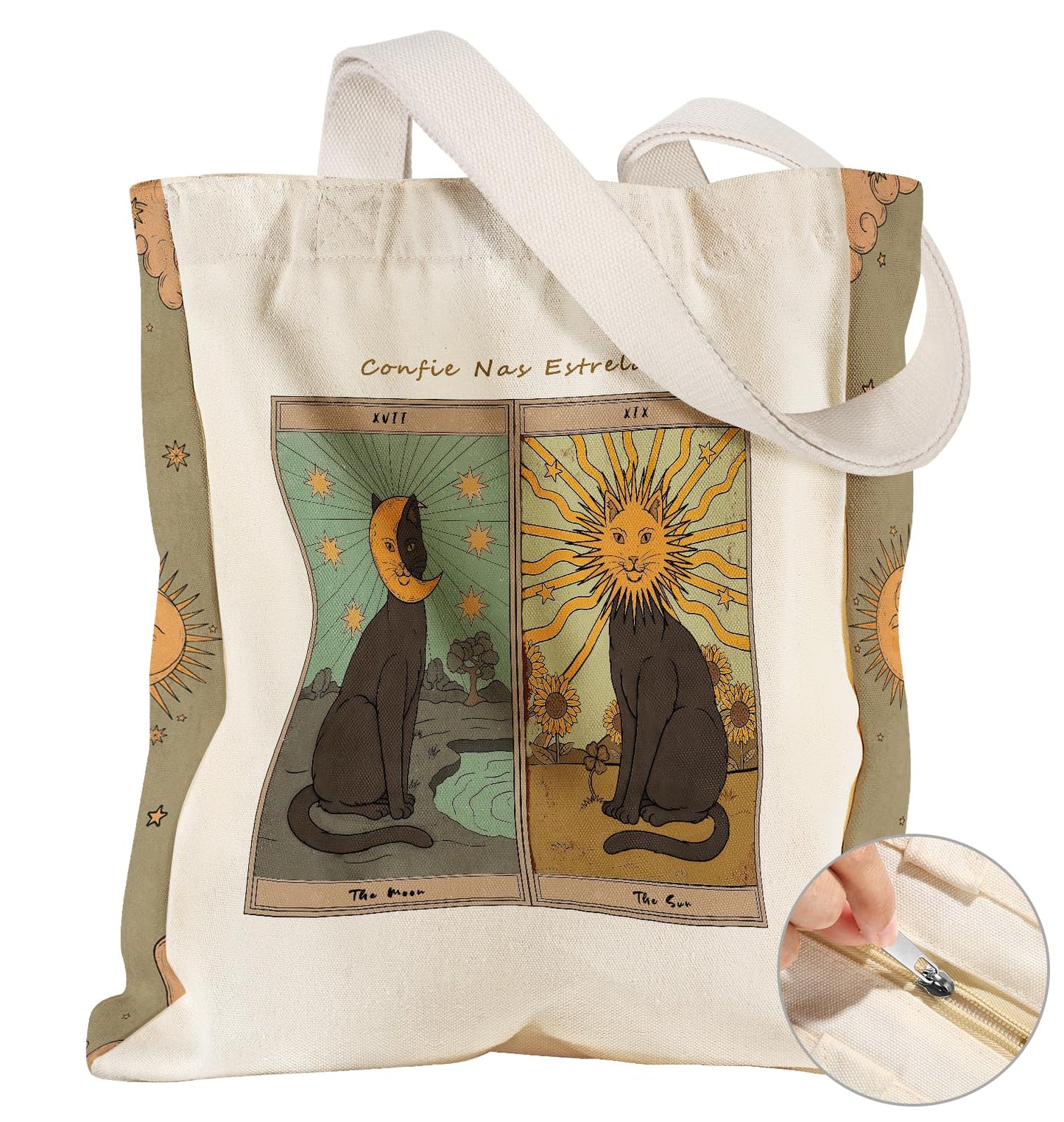 Miss Adola Large Canvas Tote Bag for Women - with Zipper and Inner Pocket Aesthetic Cute Shoulder Bag Reusable Grocery Shopping Bags Cotton Tote Bag for Gym Daily Travel, Sun Moon Cats
