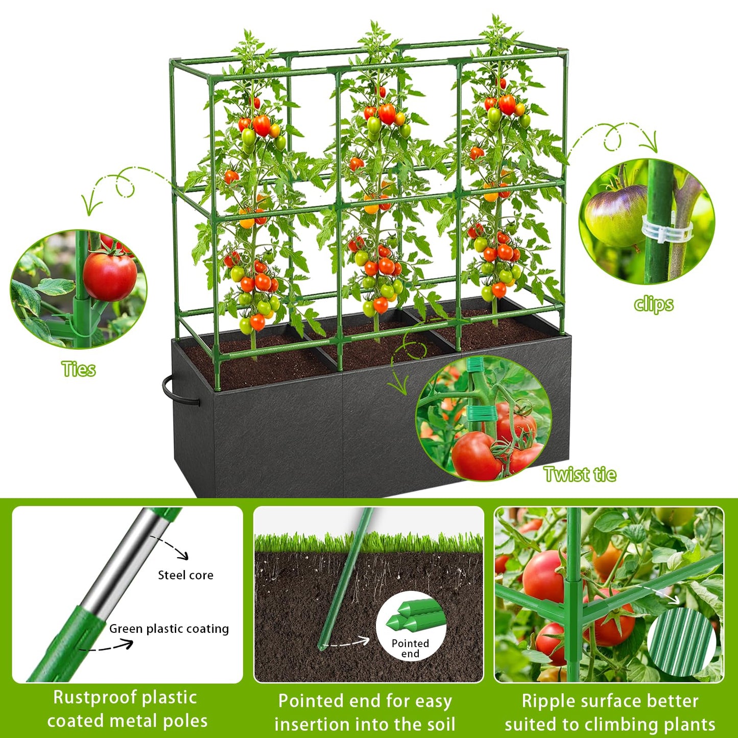 Rovexin 51x17x49 Inch Garden Tomato Cages Planter with 46 Gallon Grow Bags, Square Plant Support Trellis,for Vertical Climbing Plants Vegetables Fruits Flowers Outdoor Gardening Supplies