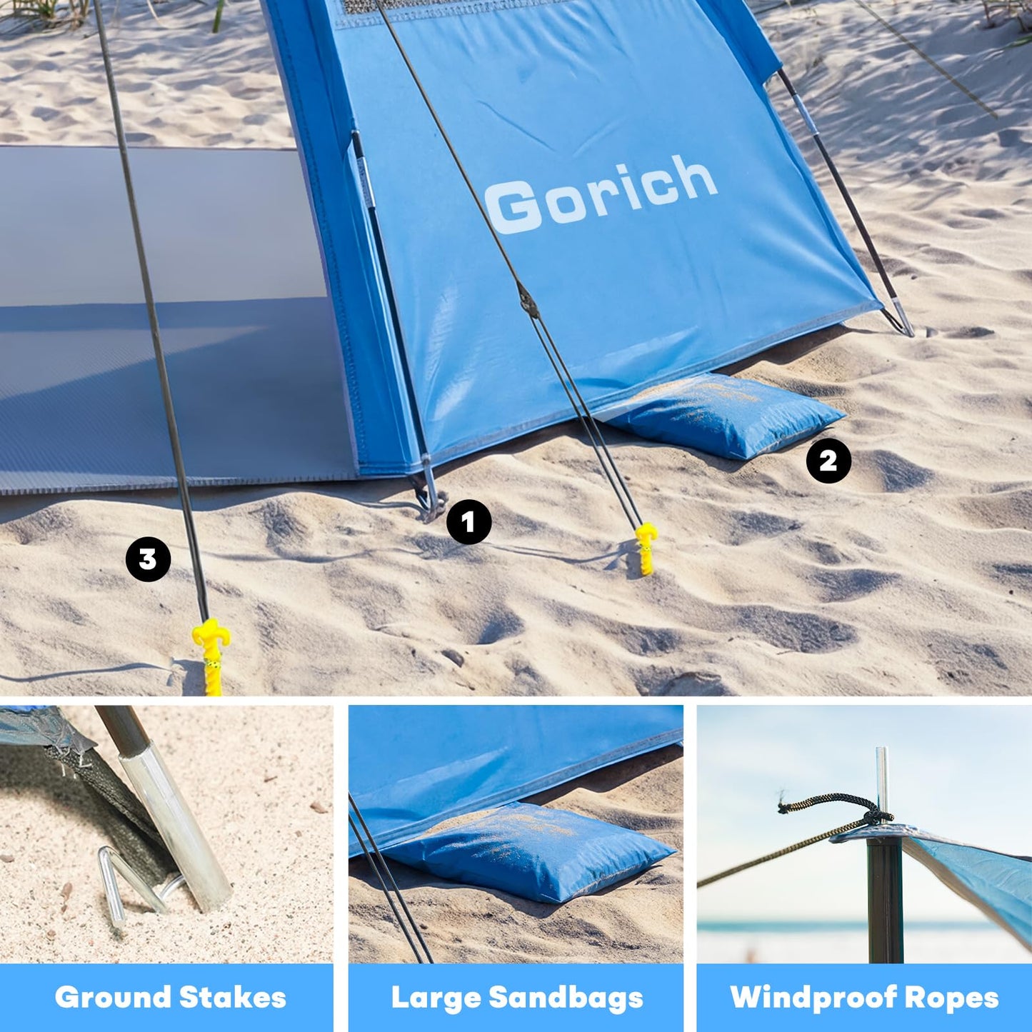 Gorich Beach Tent Sun Shelter with Canopy, Easy Setup UPF50+ UV Protection Sun Shade for 3-4/5-6/7-8 Person, Lightweight & Compact Beach Umbrella for Family Travel