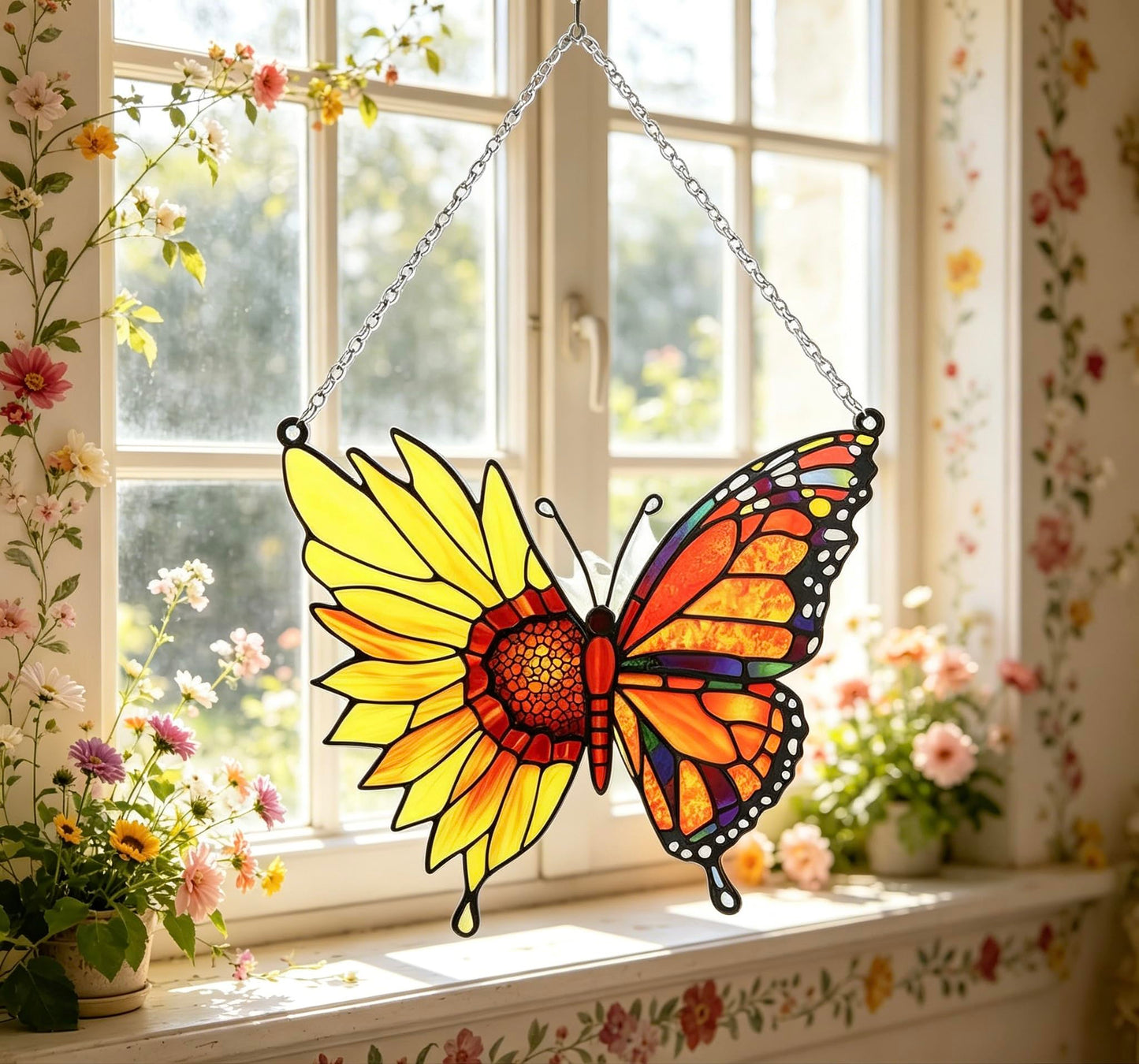 Stained Glass Window Hanging 7 * 9Inch Butterfly Flowers Sun Catcher Decor Handcrafted Stained Glass Panel for Window Home Garden Indoor Suncatchers Ideal Gift for Mom & Friends