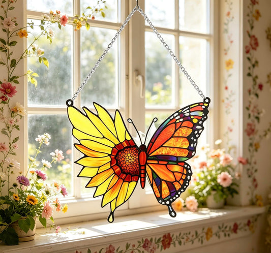 Stained Glass Window Hanging 7 * 9Inch Butterfly Flowers Sun Catcher Decor Handcrafted Stained Glass Panel for Window Home Garden Indoor Suncatchers Ideal Gift for Mom & Friends