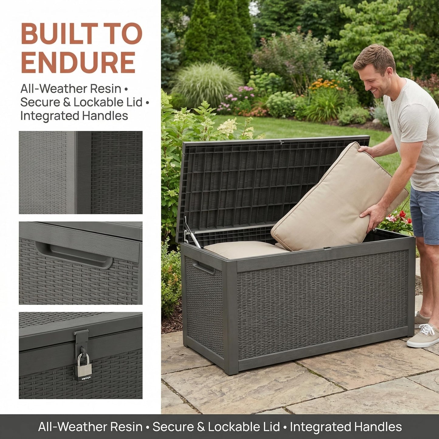 265 Gallon Resin Deck Box Outdoor Storage Chest, Large Waterproof Patio Storage Box All-Weather Garden Storage Container for Cushions, Pool Supplies, Yard Tools – Easy Assembly, Lockable Lid