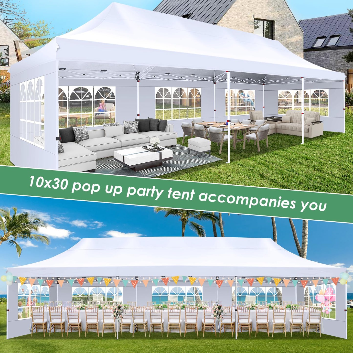 COBIZI Canopy Tent 10x30 Pop Up Canopy with 8 Removable Sidewalls Party Tents for Parties Wedding Patio Commercial Waterproof and UV50+ Ez Outdoor Instant Gazebo with Roller Bag & 4 Sandbags（White）