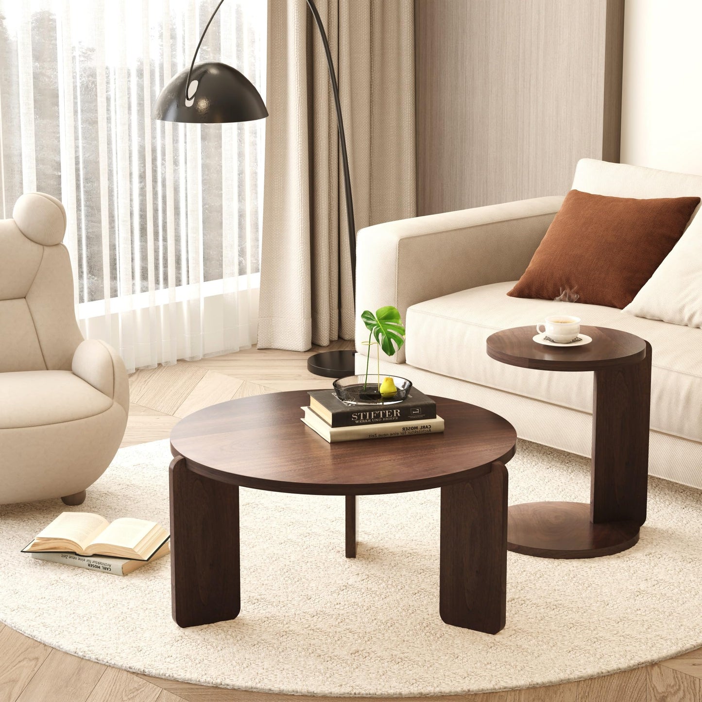Set of 2 Round Nesting Tables - Multi-Purpose Home Furniture Ideal for Small Spaces, Functional as Living Room Coffee Table, Bedroom Night Stand, Dining Room Side Table, Sofa End Table (Walnut B)