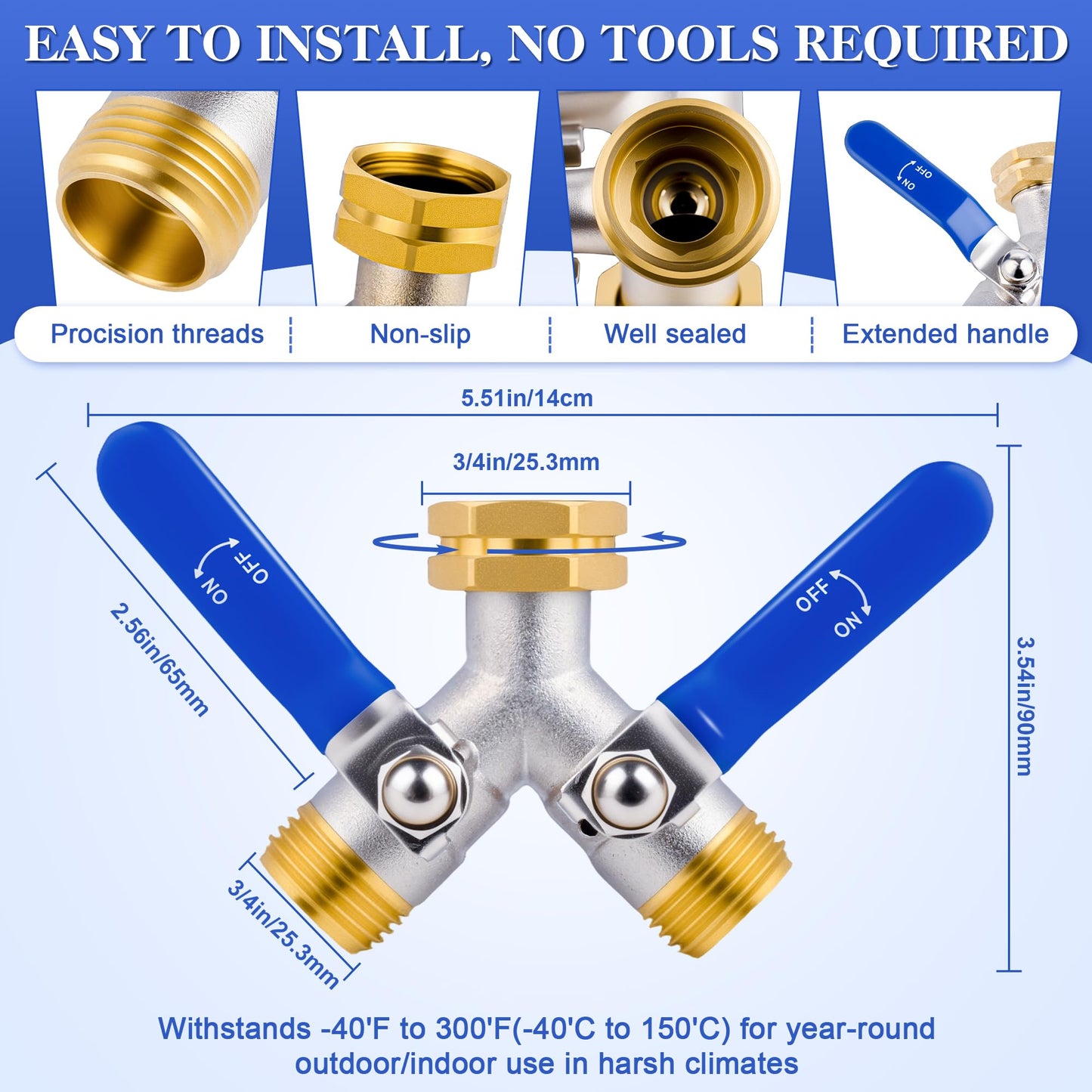 EJW Hose Splitter 2 Way, Garden Hose Splitters, Heavy Duty Faucet Splitter,Rv Brass Water Hose Y Splitter, Double Hose Connector, Spigot Splitter, Two Way Hose Manifold Valve 3/4 Inch GHT Thread.