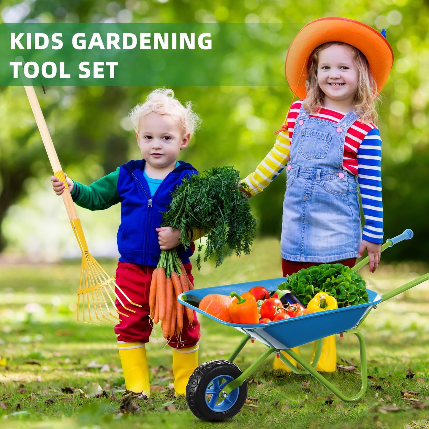 DaisyInner 5 Pcs Kids Gardening Tool Set Include Kids Wheelbarrow Metal Small Toddler Wheelbarrow Wagon with 4 Piece Kids Shovel, Rake, Hoe, Leaf Rake Wooden Gardening Tools for Boys and Girls