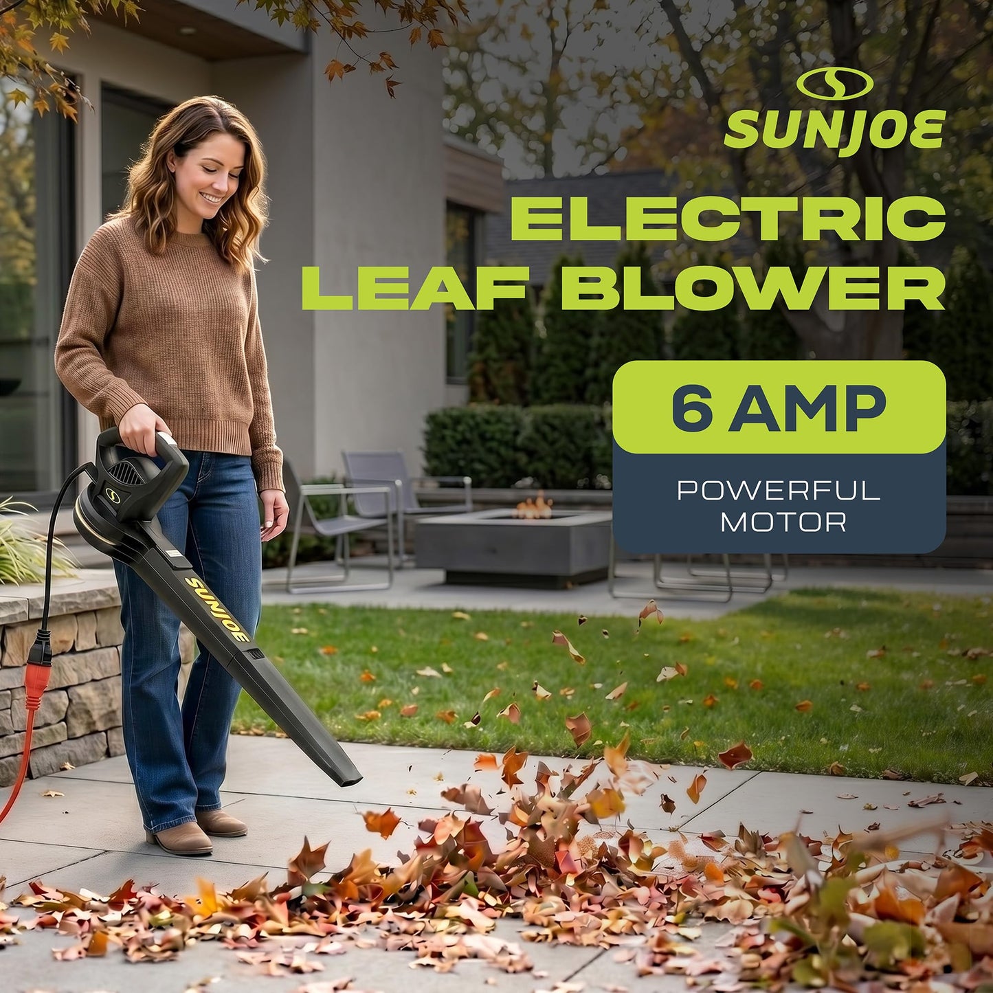 Sun Joe SBJ597E All-Purpose Electric Leaf Blower, 6-Amp Motor, 155 MPH, 260 CFM, Black - Lightweight & Compact, One-Hand Operation for Yards, Porches, Patios, Walkways, Decks, Garage & Light Snow