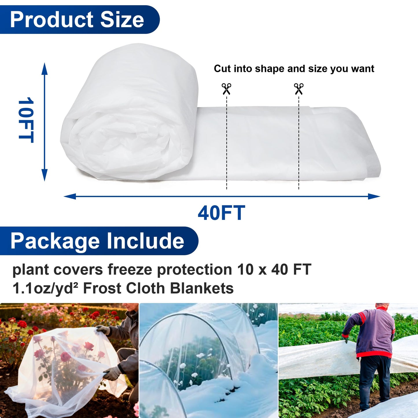 eisoco Plant Covers Freeze Protection, 10 * 40FT 1.1 oz/yd² Large Thick Frost Blankets for Outdoor Plants in Winter, Floating Row Cover for Vegetable Garden, Frost Cloth Plant Freeze Protection