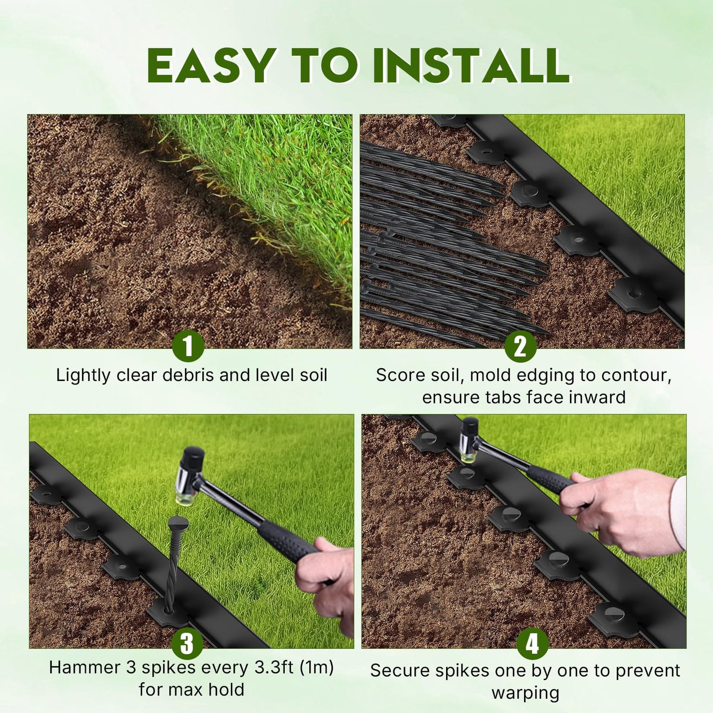 No Dig Landscape Edging 33FT, 4 Inch Plastic Edging for Landscaping with 100 Spikes, for Garden, Lawn, Flower Beds and Yard, Black