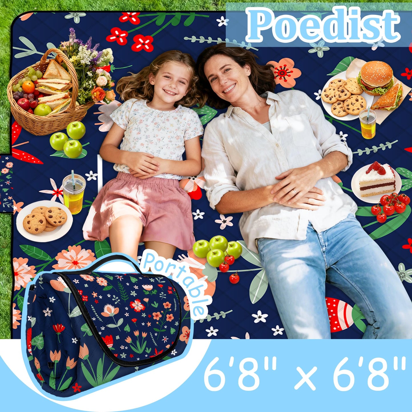 Extra Large Picnic Blanket Waterproof,80"x 80"Foldable Machine Washable Beach Blanket,Outdoor Blanket for 6-8 Adults,Suitable for Indoor Crawling,Park Beach,Camping,Hiking,Family Travel(Light Blue)