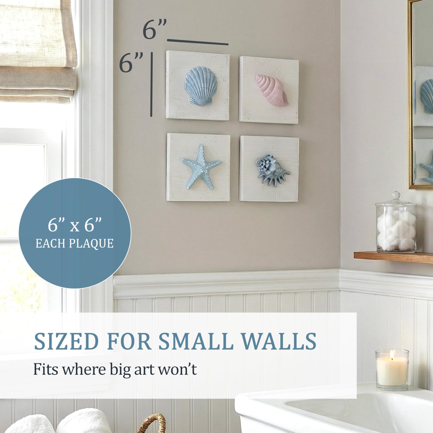 TideAndTales Beach Decor Seashell Wall Art - (Set of 4) Textured 3D Shells and Starfish Decorations for Home or Beach House, Rustic Ocean Theme Coastal Bedroom or Bathroom Wall Decor 6" x 6"