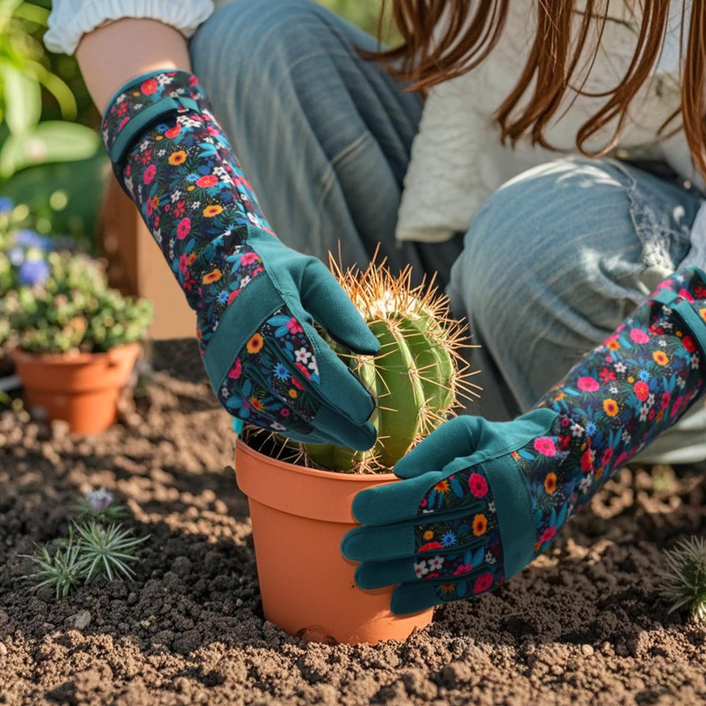 Gardening Gloves for Women - Breathable Long Garden Gloves with Grip, Thorn-Proof Puncture-Resistant Leather Work Gloves for Yard and Outdoor Work, Protective Garden Gloves for Women, Green Flower
