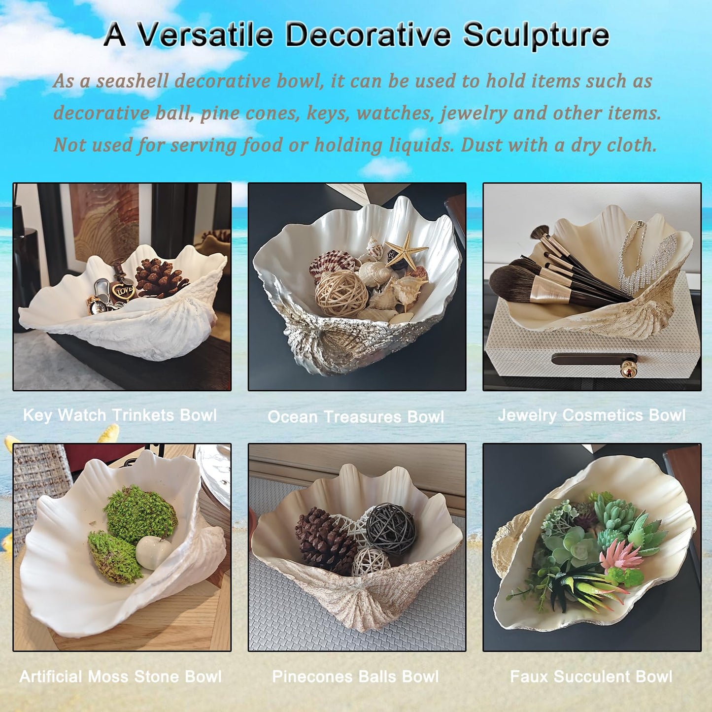 Afadorable Resin Seashell Decorative Bowl Large Clam Shell Storage Bowl for Coffee Table Centerpiece Home Kitchen Entryway Table Decor Beach Themed Wedding Party Decoration (Silver-Pearl White)