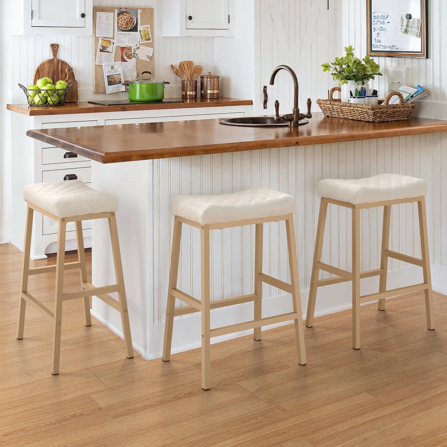Compsia Counter Height Bar Stools Set of 3, Barstools with Thick PU Leather Saddle Seat & Black Metal Legs, 24 Inches Kitchen Counter Stools, Lvory White