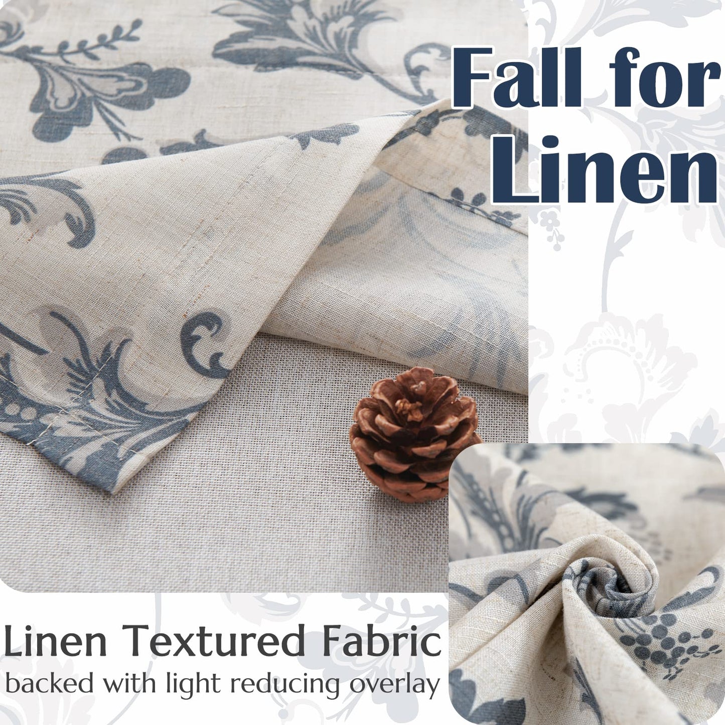 jinchan Linen Valance Curtain Farmhouse Window Decor Floral Print for Kitchen Living Room Double Layer Blackout Valance 18 Inches Rustic Window Treatment 1 Panel Rod Pocket Blue on Beige