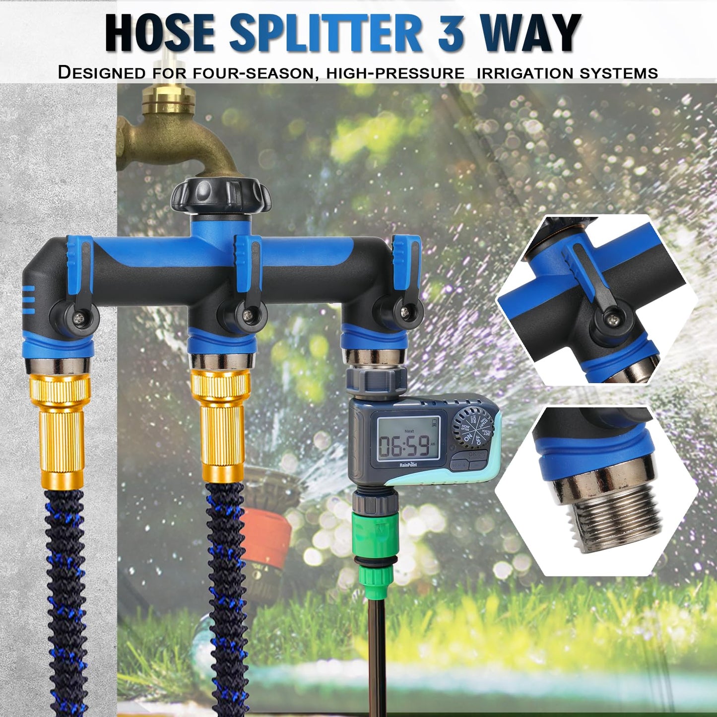 Garden Hose Splitter, 3 Way Water hose bib Spigot splitter, T Hose Connector- with Shutoff Valves Water Adapter，Outdoor Faucet Splitter 3/4" GHT Thread， For Home Outdoor Garden irrigation（ blue）