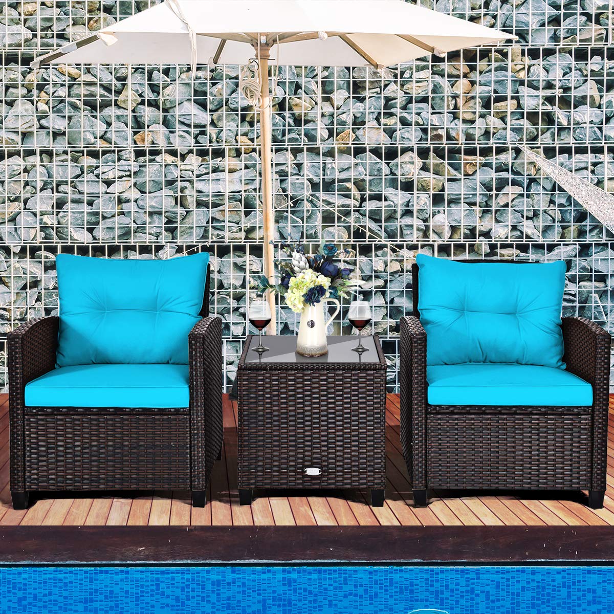 COSTWAY 3PCS Patio Furniture Set, PE Rattan Wicker Sofa w/Washable Cushion and Coffee Table, Tempered Glass Tabletop, Outdoor Conversation Set for Balcony, Porch, Yard, Backyard, Lawn, Turquoise