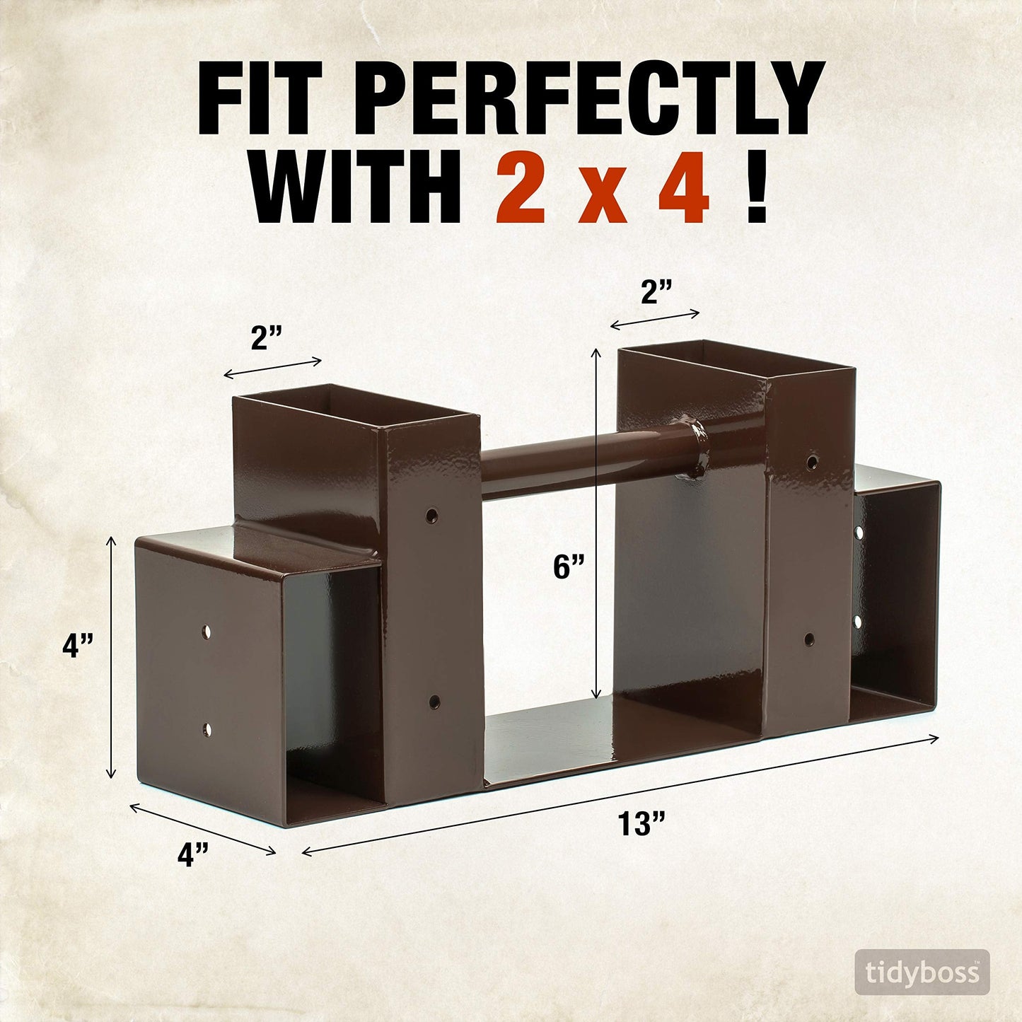 TIDYBOSS 2 Pack Firewood Rack Outdoor | 2x4 Brackets for Wood | Lumber Storage Rack Log Holder | Adjustable to any Length with Seal Strip, Gloves, Steel Plates and Screws (Dark Brown)