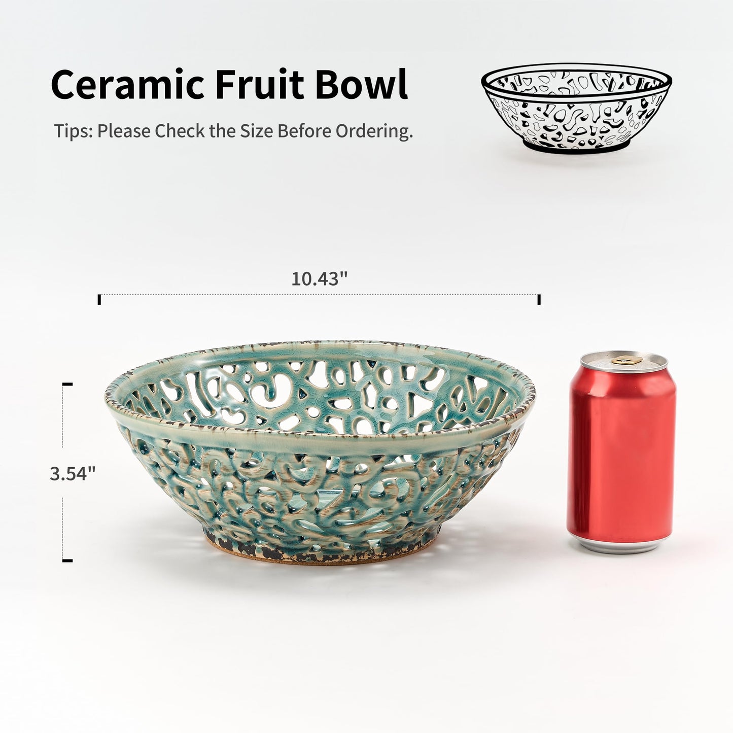 SIDUCAL Ceramic Fruit Bowl for Kitchen Counter,Decorative Fruit Basket with Holes, 10.43" Large Hollow Out Fruit Vegetable Holder Bowl for Table Decor, Blue