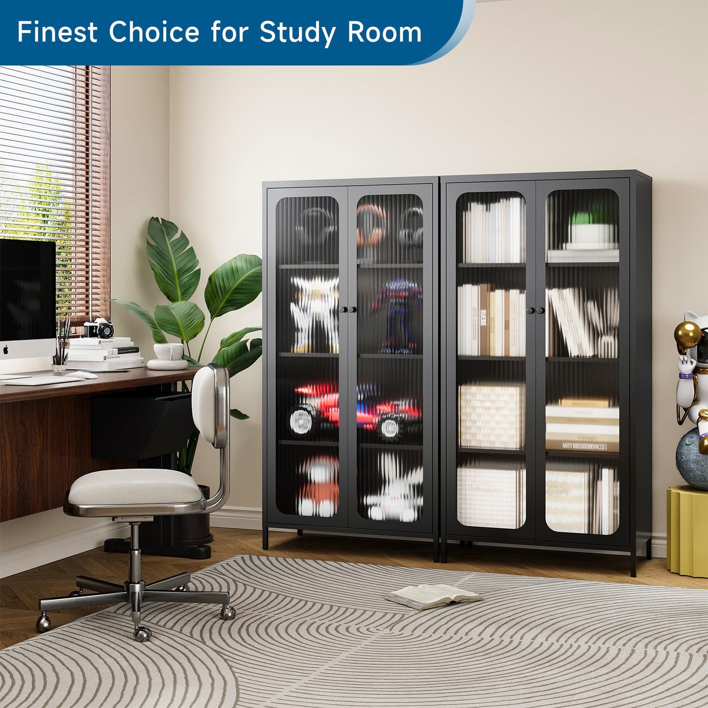 PEUKC 63'' Kitchen Pantry Storage Cabinet, Display Cabinet with Glass Doors and 3 Adjustable Shelves, Metal Kitchen Hutch Storage Cabinet for Dining Room, Living Room (Black)