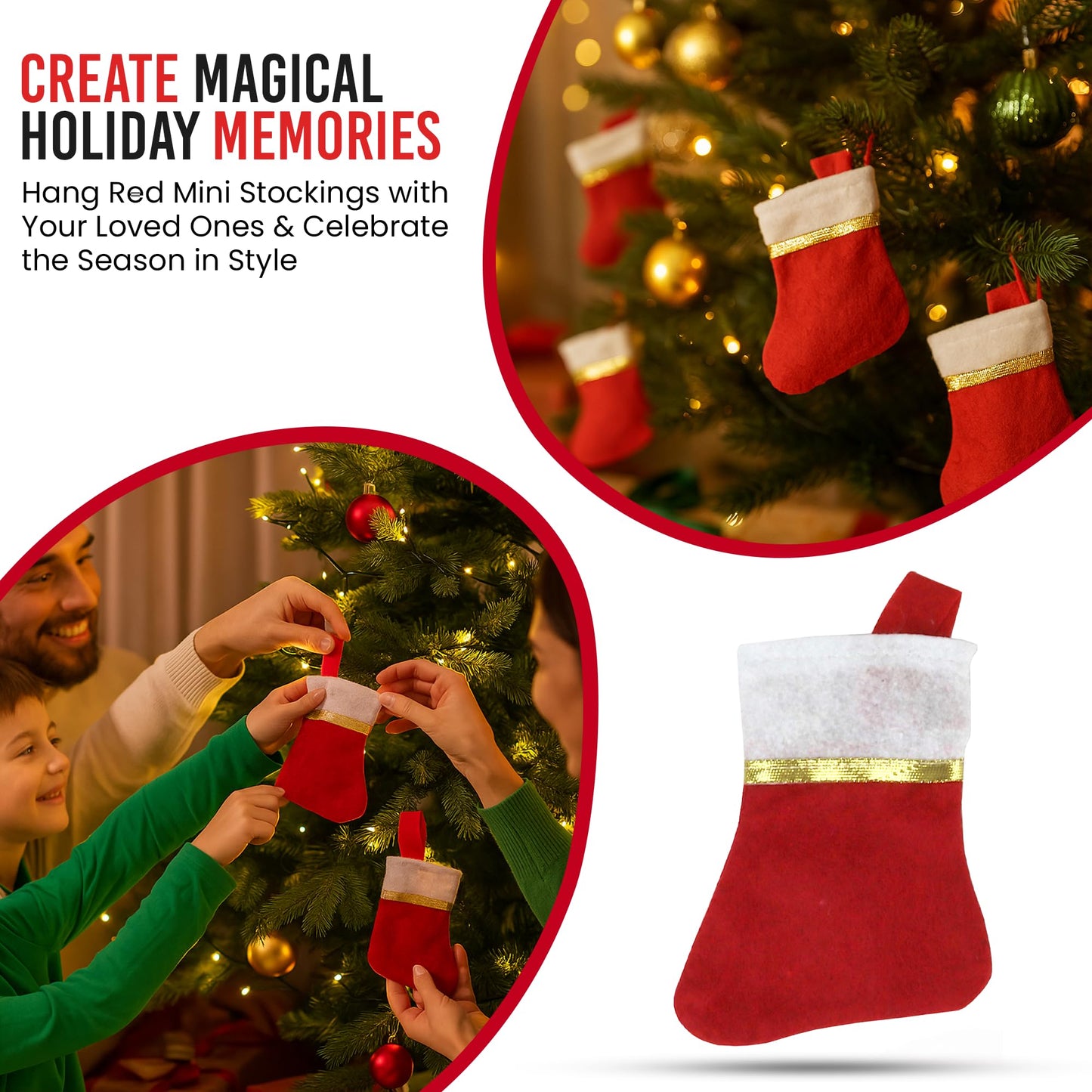 Iconikal 24-Pack Mini Christmas Stockings Red Felt 5x6.25-Inch Gold Ribbon Holiday Decor Ornaments Utensil Holders Wine Bottle Toppers Craft Bulk Pack
