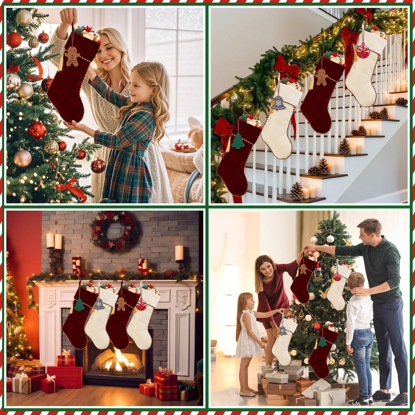 HiPeep 4 Pack Christmas Stockings, Red and White Luxury Velvet Christmas Stocking Set, Xmas Stocking for Fireplace, Tree Decorations