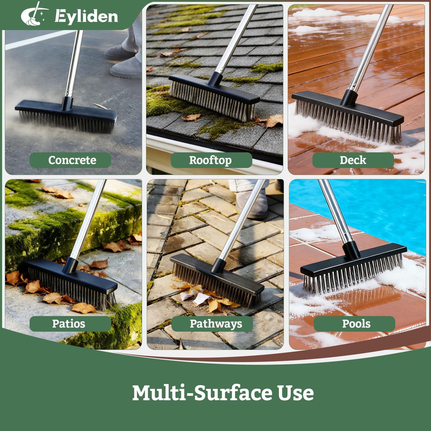 Eyliden Push Broom, Heavy Duty Moss Wire Scrub Brush with Stainless Steel Bristles, 65" Long Handle, Scrubber Brush for Deck, Floor, Concrete, Roof, Patio, Pool Outdoor Cleaning