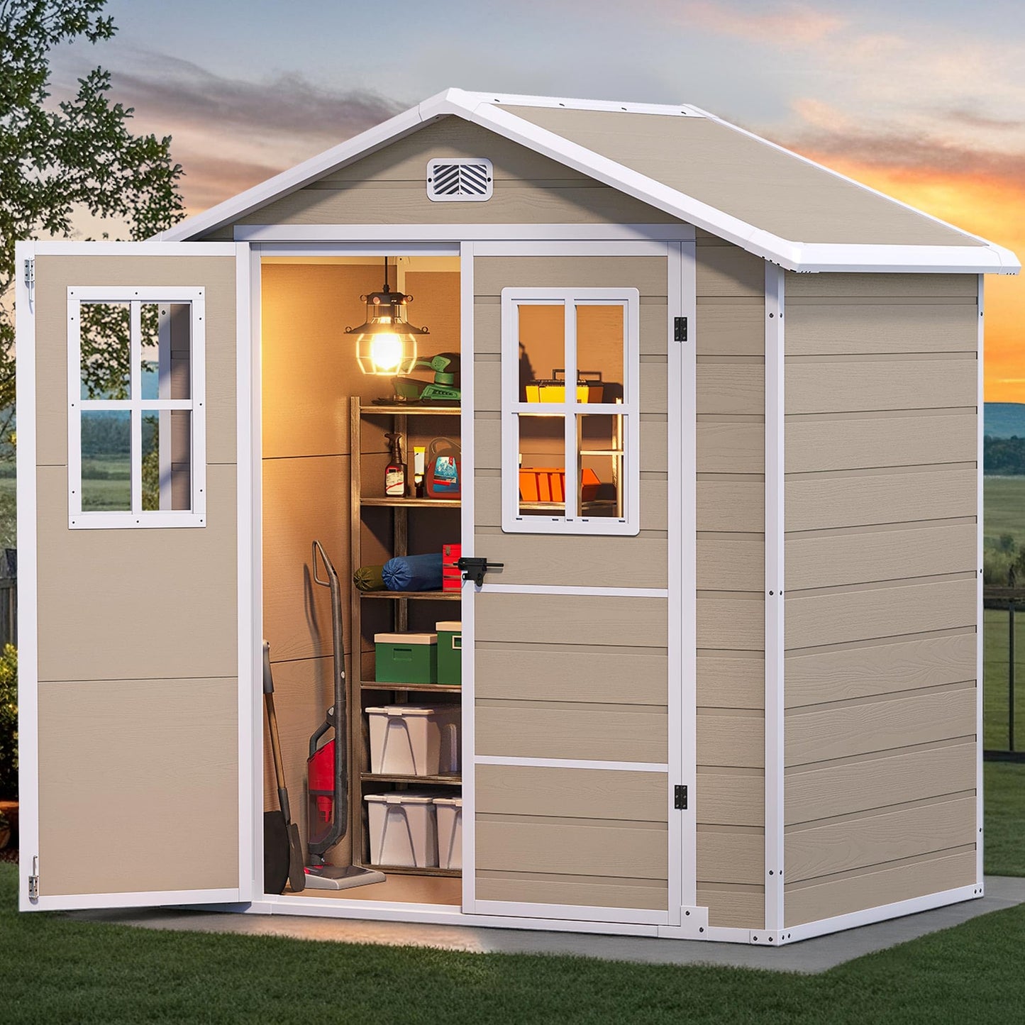 DWVO 6x4.4 FT Outdoor Storage Shed, Plastic Garden Tool Shed with 2 Windows, Double-Wall Outside Shed for Lawn Mower, Garden Tool for Backyard, Patio, Lockable, Beige