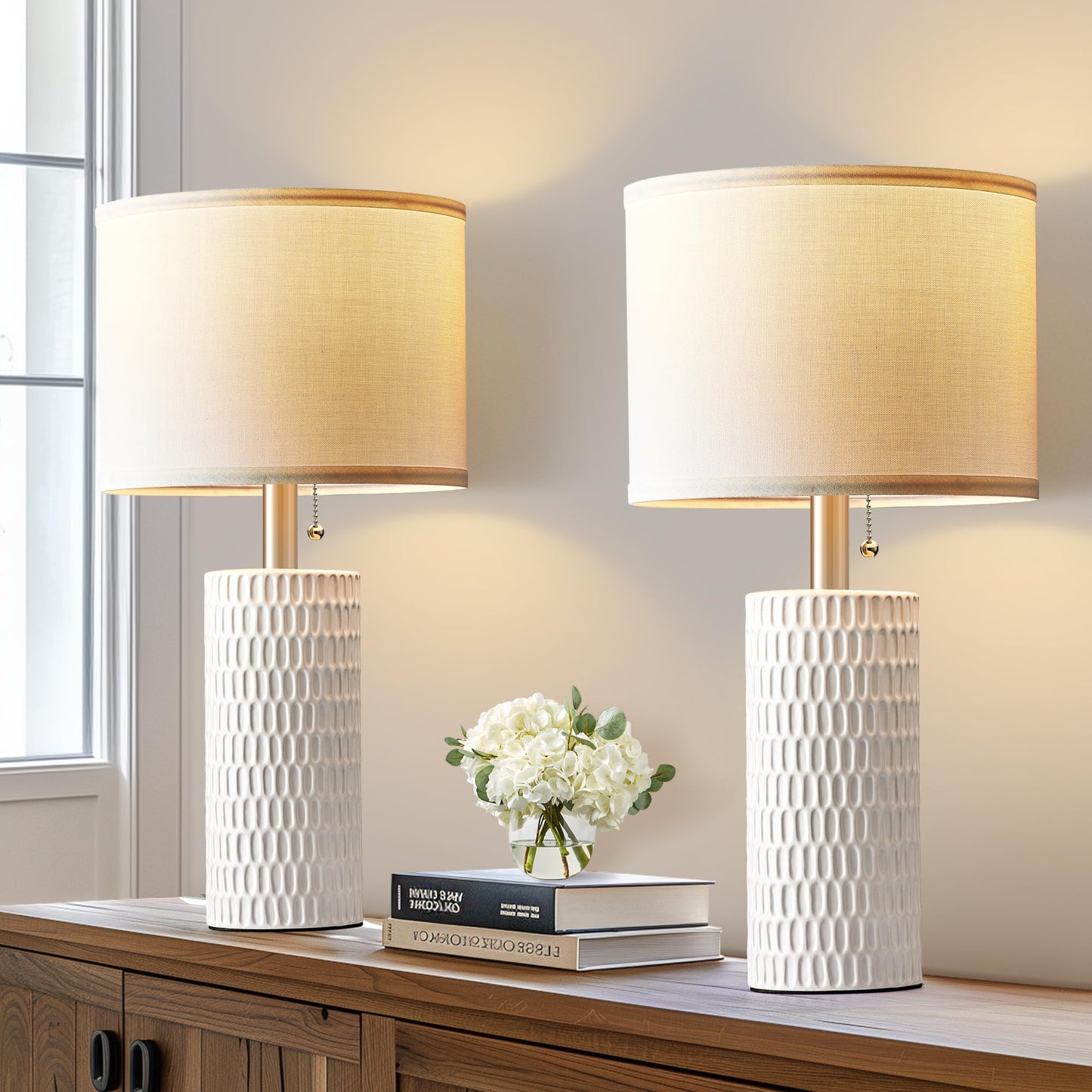 Reaketon 20" Small Ceramic Table Lamps for Bedroom Set of 2, Modern Lamps for Night Stands, Farmhouse Table Lamps for Living Room, Home Office and Hallways,White