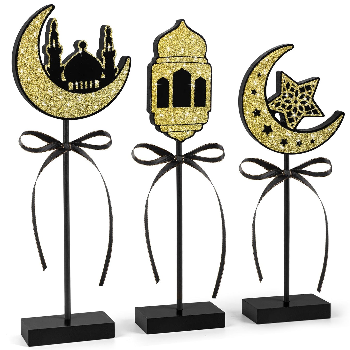 3 Pieces Ramadan Decorations Eid Mubarak Table Decor Wooden Set, Islamic Ramadan Tiered Tray Decor for Muslim Party Tabletop Decor Home (Shiny)