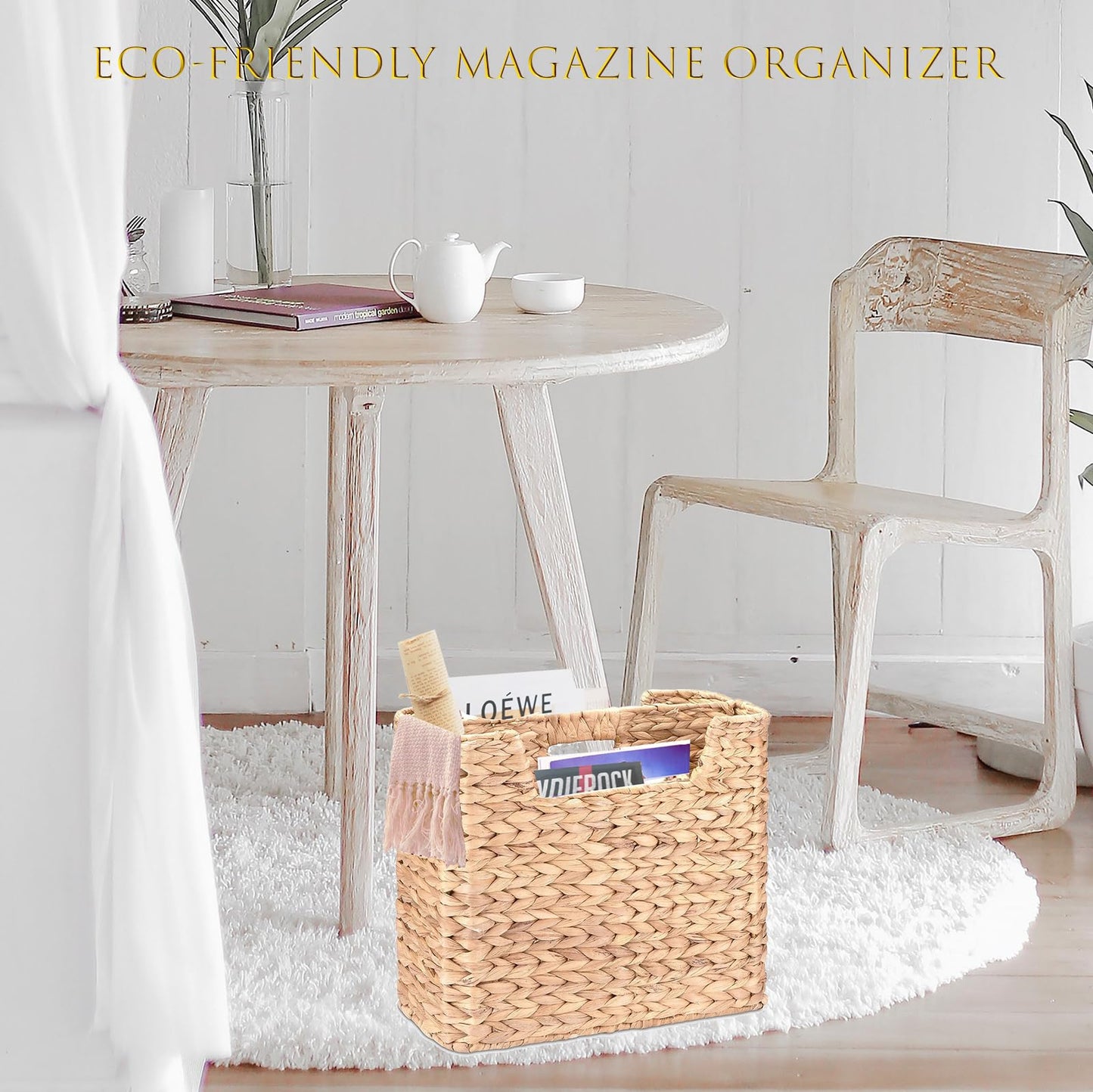 Magazines Holder - Wicker Magazine Rack, Handwoven Magazine Holders for Bathroom, Magazine Organizer for Books, Newspaper, Water Hyacinth Magazine Basket, 14.2 x 11.4 x 6.7 inch