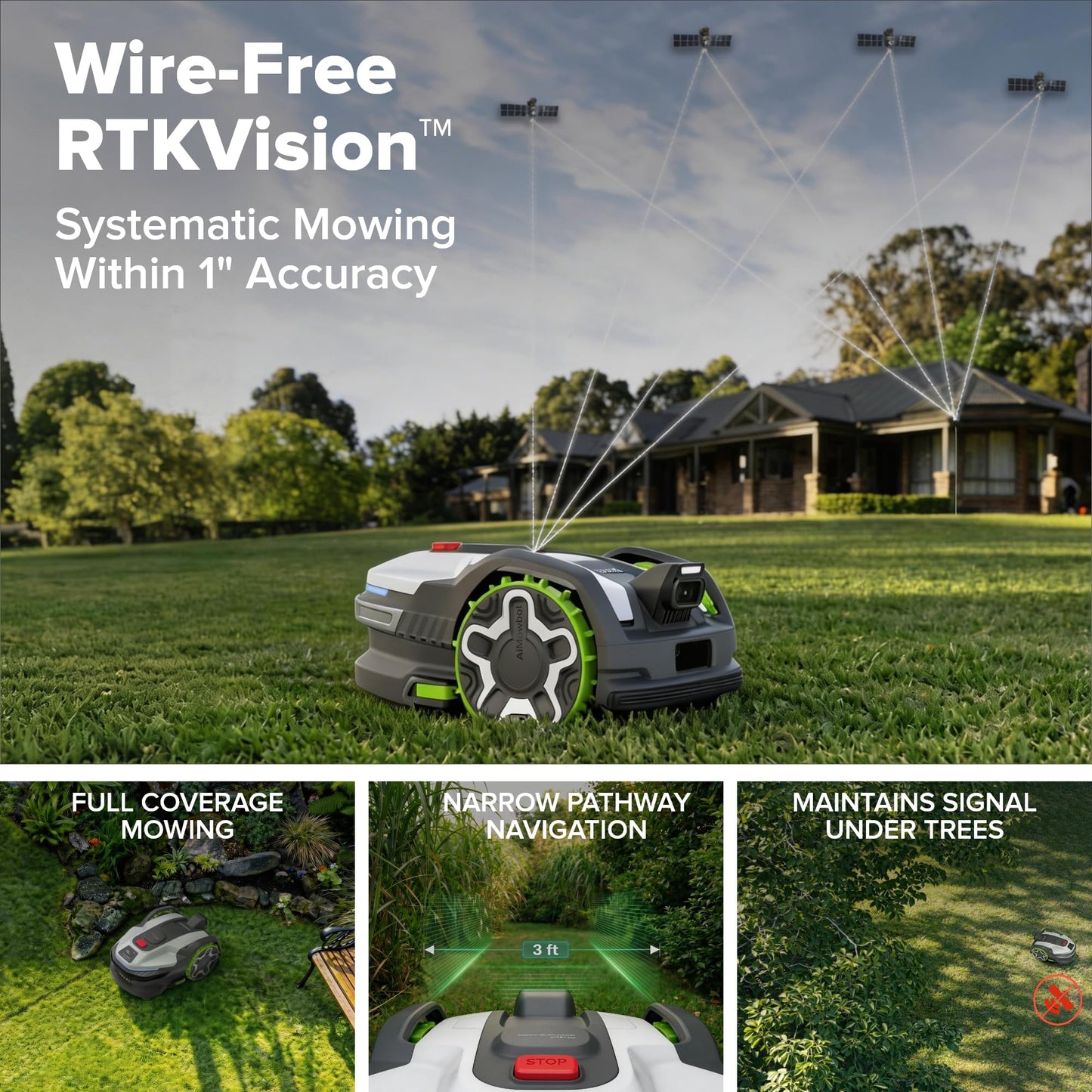 Greenworks C30Z Wire-Free Robotic Lawn Mower, up to 3/4 Acre, RTKVision Navigation, 24-Degree Slope Climbing, Smart Obstacle Avoidance, App Control with Electric Height Adjustment