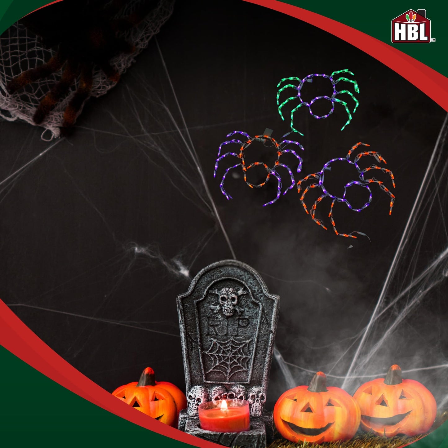 Holiday Bright Lights Small Spiders 3-Pack 15" H x 20" W LED Lighted Outdoor Halloween Décor Green, Orange, Purple Lights
