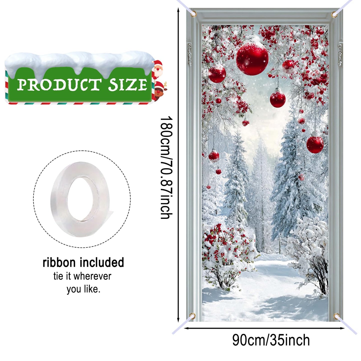 Nuxovilar Snow Scene Door Cover with Red Accents Background Winter Xmas Holiday Wonderland Decorations Party Supplies Hanging Banner for Home, Office, Indoor & Outdoor Use (35x71 Inches)