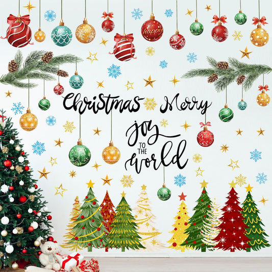 Chivertion 6 Sheets Vintage Christmas Wall Sticker, Oil Painting Xmas Tree Ball Pine Needle Decals, Winter Snowflake Stickers for Xmas Winter Party Home Office Classroom Decoration