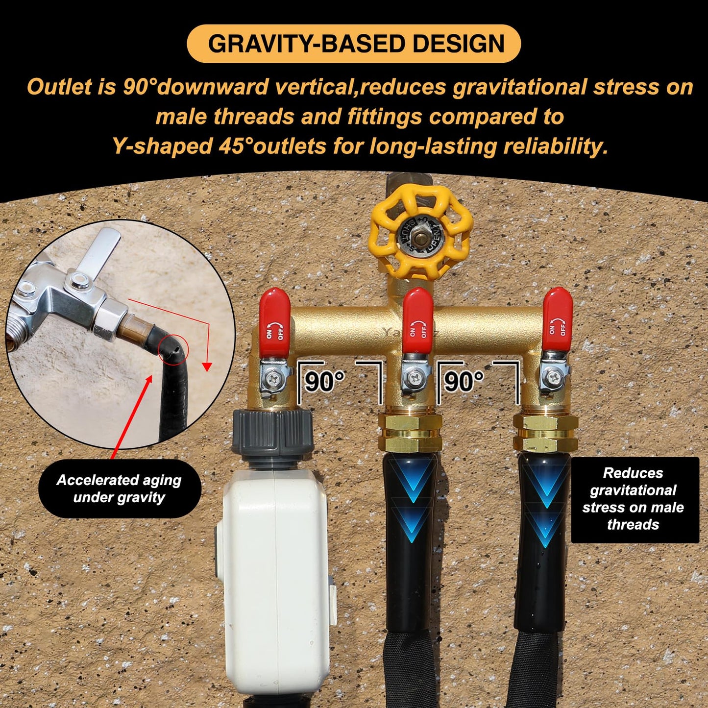 Heavy Duty Brass Garden Hose Splitter 3-Way,3/4" GHT Thread, High Flow Faucet Splitter, Water Hose T Spigot Splitter with Shut-off Valves,Water Adapter & Connector-Long Red Metal Handle