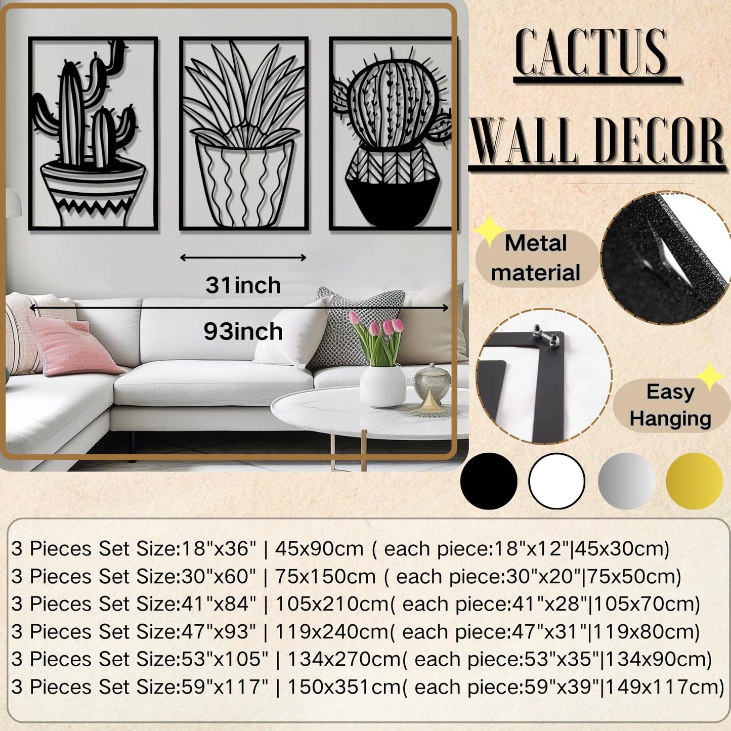 Metal Cactus Wall Decor, 3 Pcs Cactus Wall Art, Southwest Desert Wall Art, Large Plant Wall Decor, Natural Themed Metal Wall Hanging, Wall Art for Living Room, Yard, Outdoor (Black, 53"x105" | 134x270cm, metal wall art)