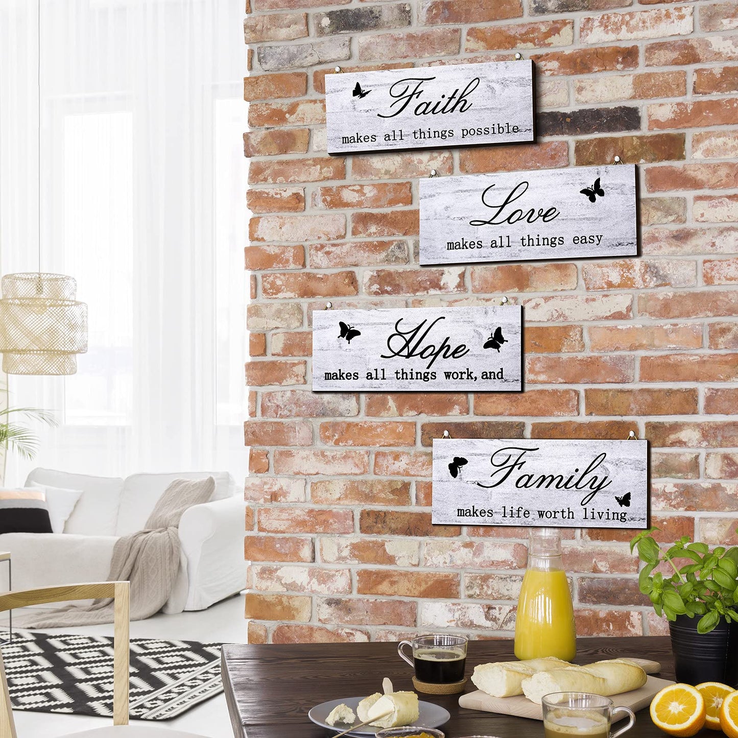 4 Pieces Faith Love Hope Family Wood Sign Farmhouse Wooden Family Sign with Quotes Faith Love Hope Family Home Sign Plaque Rustic Wooden Home Wall Sign for Front Porch Door Wall, 10 x 4 Inch (White)